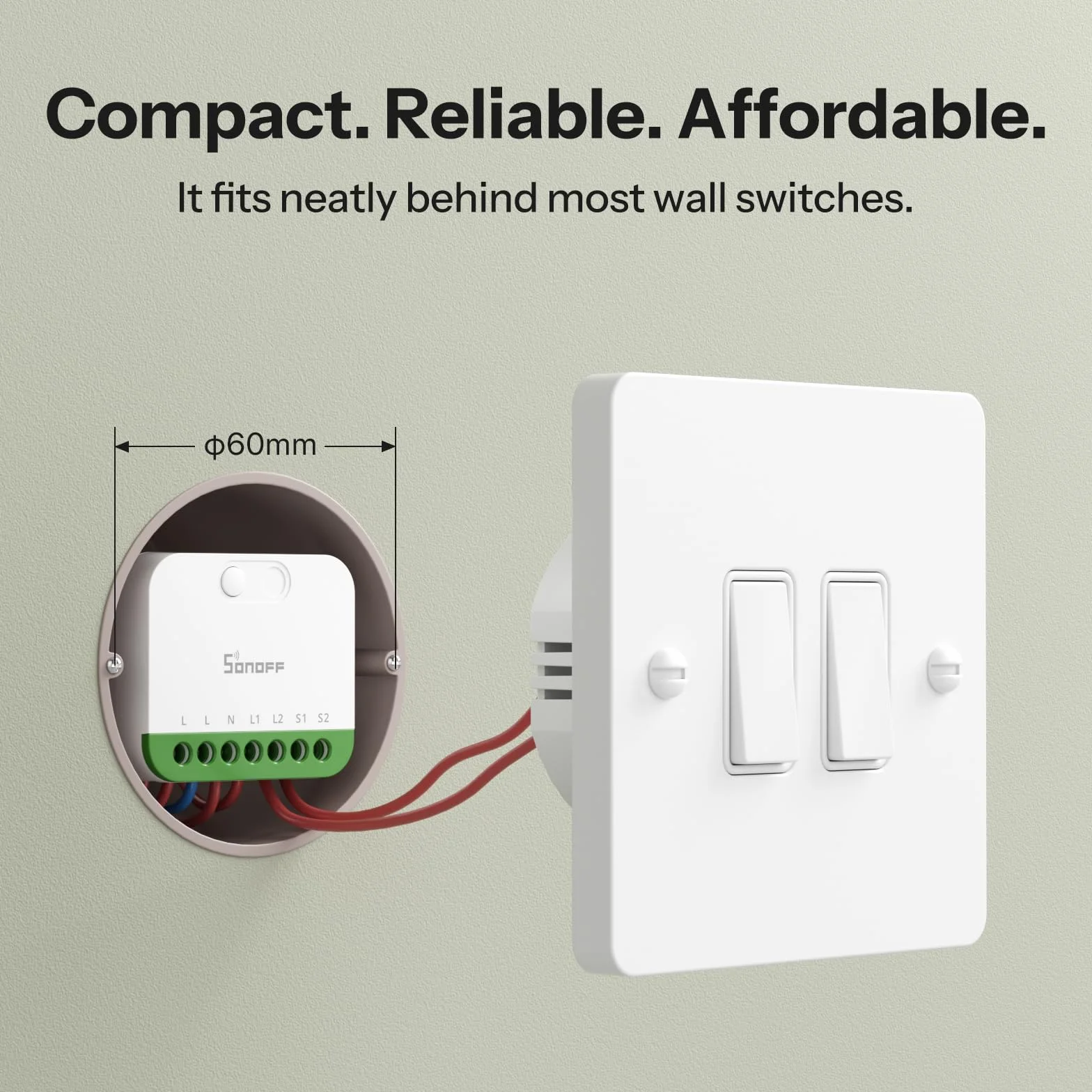 SONOFF MINI DUO (Matter a través de WiFi) Interruptor Inteligente WiFi de 2 Canales, Compatible con Matter, Carga Total de 16A, Compacto para Cajas Estándar, Control Remoto y Automatizado
