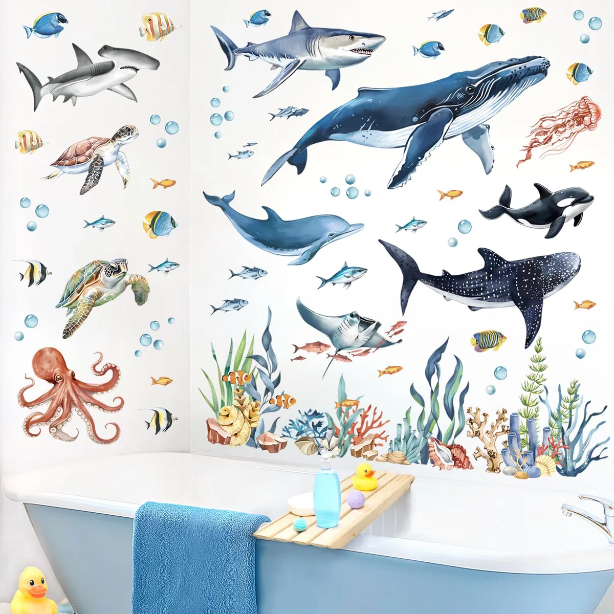 decalmile Pegatinas de Pared Bajo el Mar Tropical Peces Vinilos Decorativos Ballena Delfín Tortugas Algas Adhesivos Pared Habitación Infantiles Niños Bebés Guardería Baño