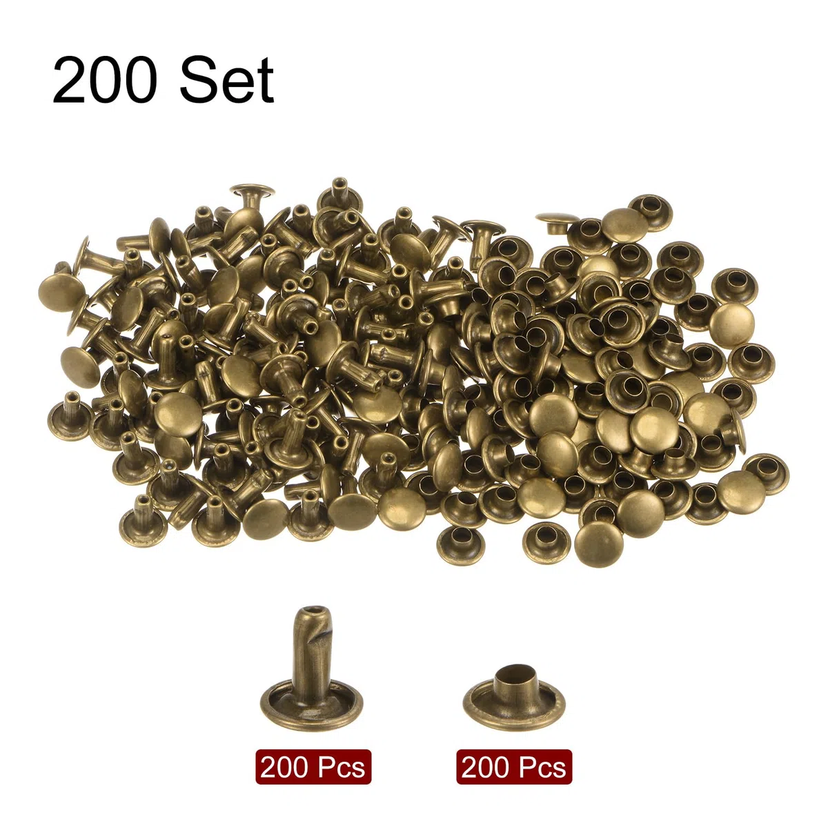QUARKZMAN 200 Juegos Remaches de Cuero 8 x 8 mm Remaches de Metal de Doble Tapa Broches de Presión Sujetadores con 3 Herramientas de Instalación para Cuero Manualidades Bronce