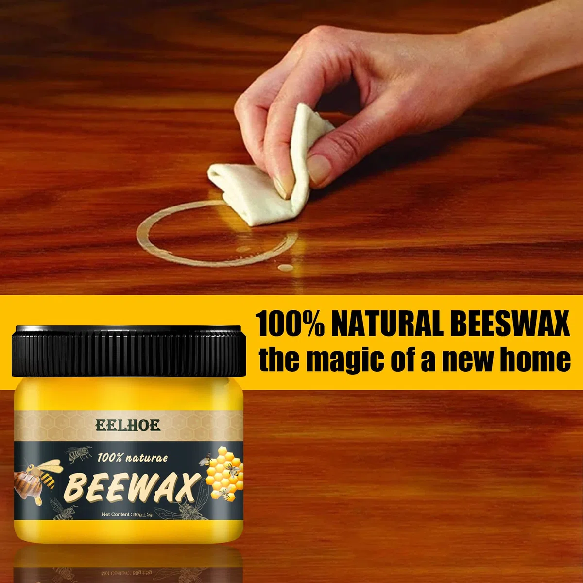 Cera de abeja totalmente natural para el cuidado y pulido de muebles para impermeabilizar, mejorar y proteger suelos de madera dura, 80 g de cera de abeja
