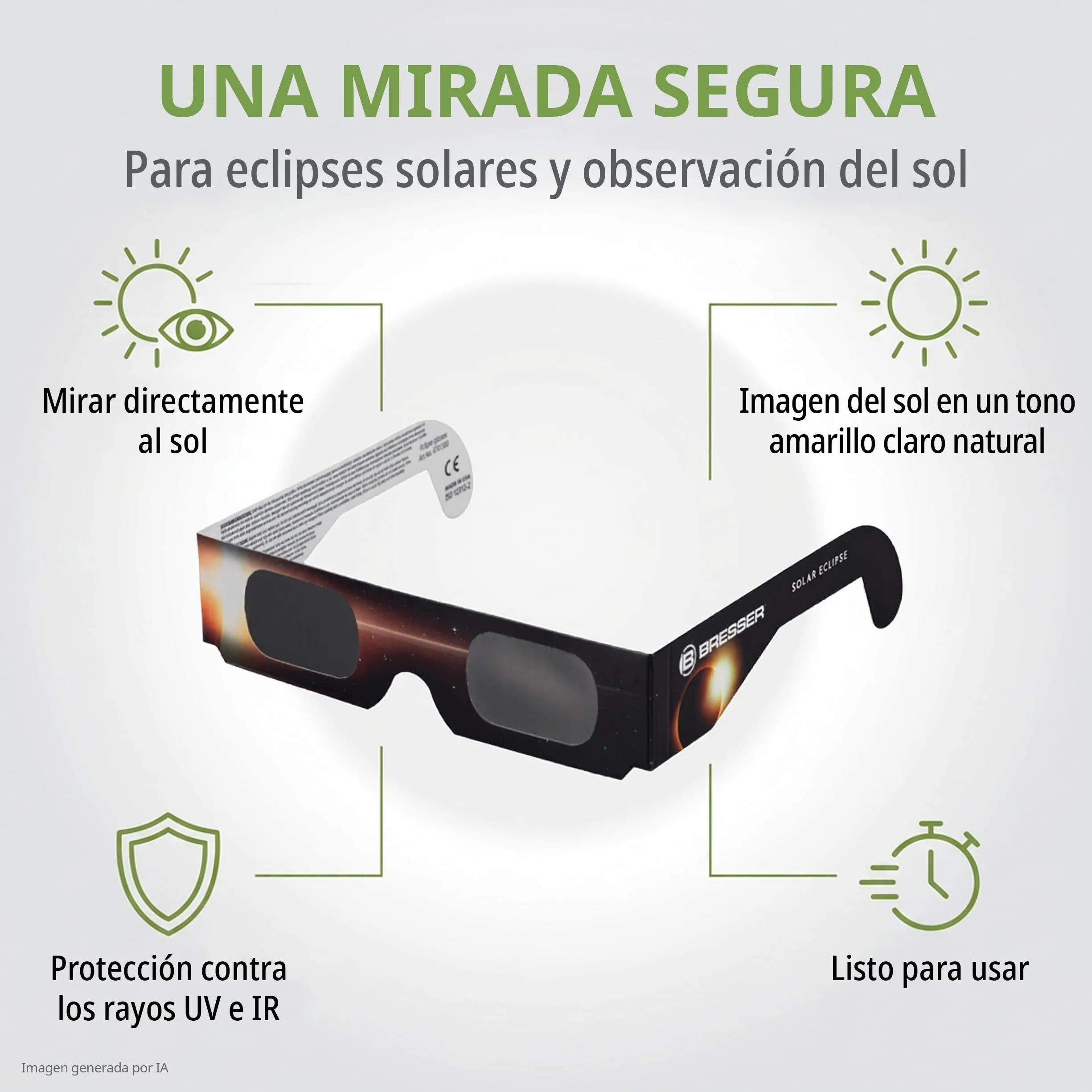 Bresser Gafas Eclipse Solar 3 Unidades, Observación Solar Segura, EN ISO 12312 2:2015, Imagen Amarillo Claro, Diseño B