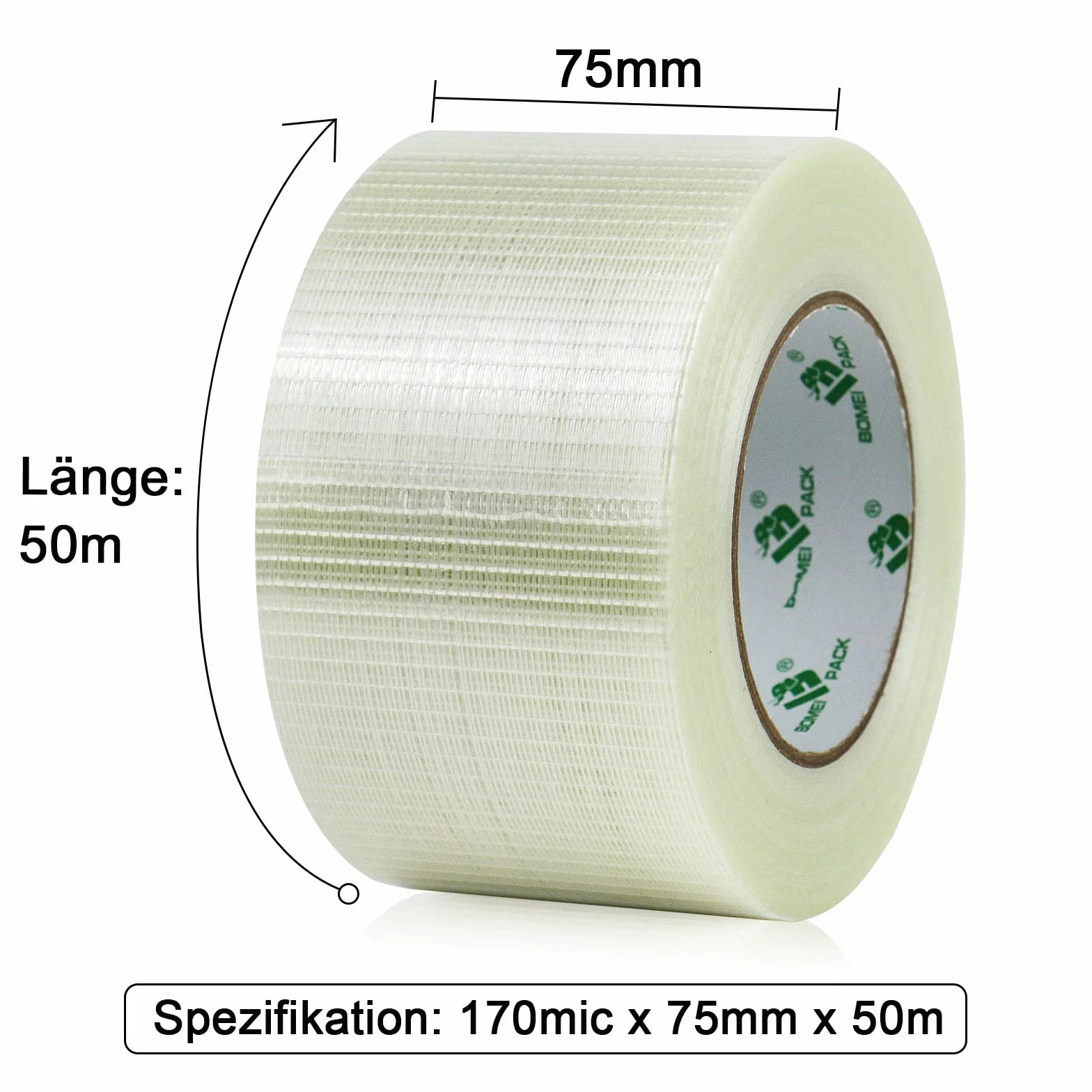 BOMEI PACK 75mm x 50m Cinta De Filamento, Claro Filamento Cinta de Flejado, Cinta de Fibra de Vidrio, Cinta de Sellado De Uso Pesado Impermeable