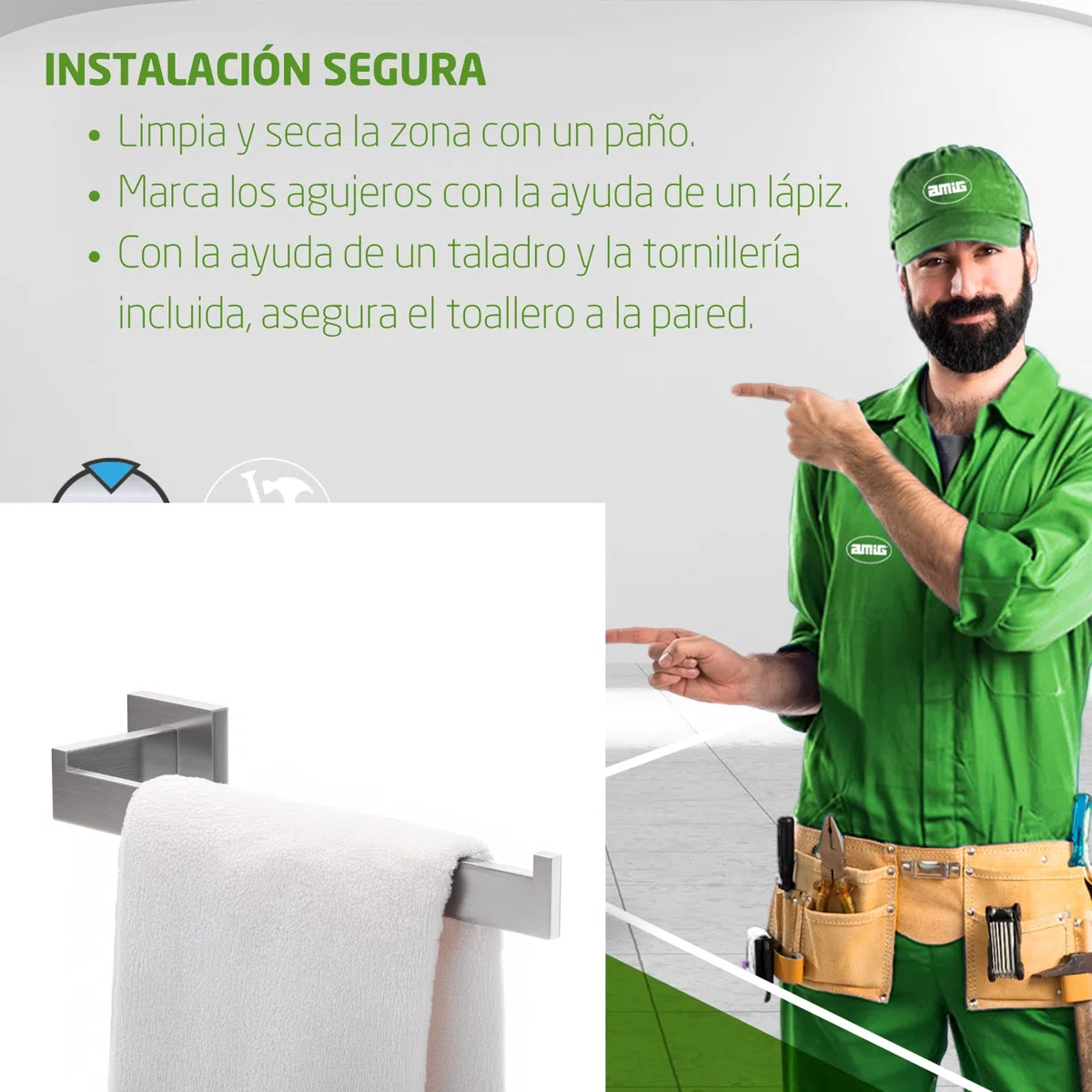 Amig - Toallero de baño Mod. Isla-2 - Soporte de Pared para Toallas con Tornillos incluidos - 270 x 75 x 55 mm - Acero Inoxidable - Plateado Mate