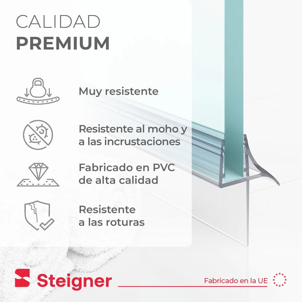 STEIGNER Junta mampara ducha 90cm UK09 (1 ud.) transparente - Junta vertical para ducha angular, en nicho o pentagonal con puerta 6-8 mm - Protección contra fugas, Ajuste perfecto, Material duradero
