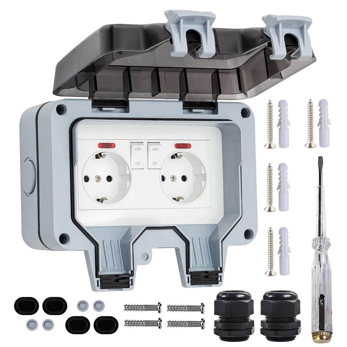 Enchufe Pared Superficie Exterior Estanco, Enchufe Superficie Doble Exterior Impermeable, Toma de Corriente IP66 con Interruptor y Luz, 16A, Gris