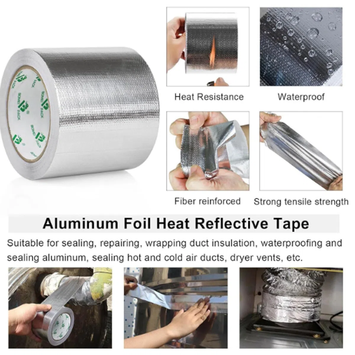 2 Rollos Cinta Adhesiva de Aluminio Aislante Térmico,200mmx10m Rollo de Aluminio Adhesivo de Alta Temperatura de Reparación,Cinta de Aluminio para Sellar Sistemas