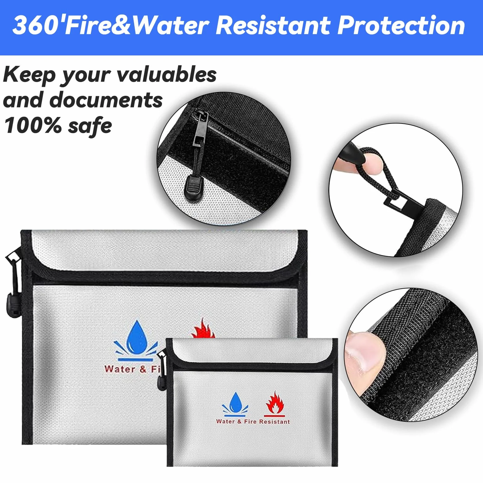 Bolsa de Documentos ignífuga, Bolsa de Almacenamiento de Seguridad ignífuga e Impermeable de 23.4x18.1cm y 20.4x13.4cm Pulgadas, Puede Proteger Objetos de Valor, pasaportes, Documentos, Dinero, Joyas