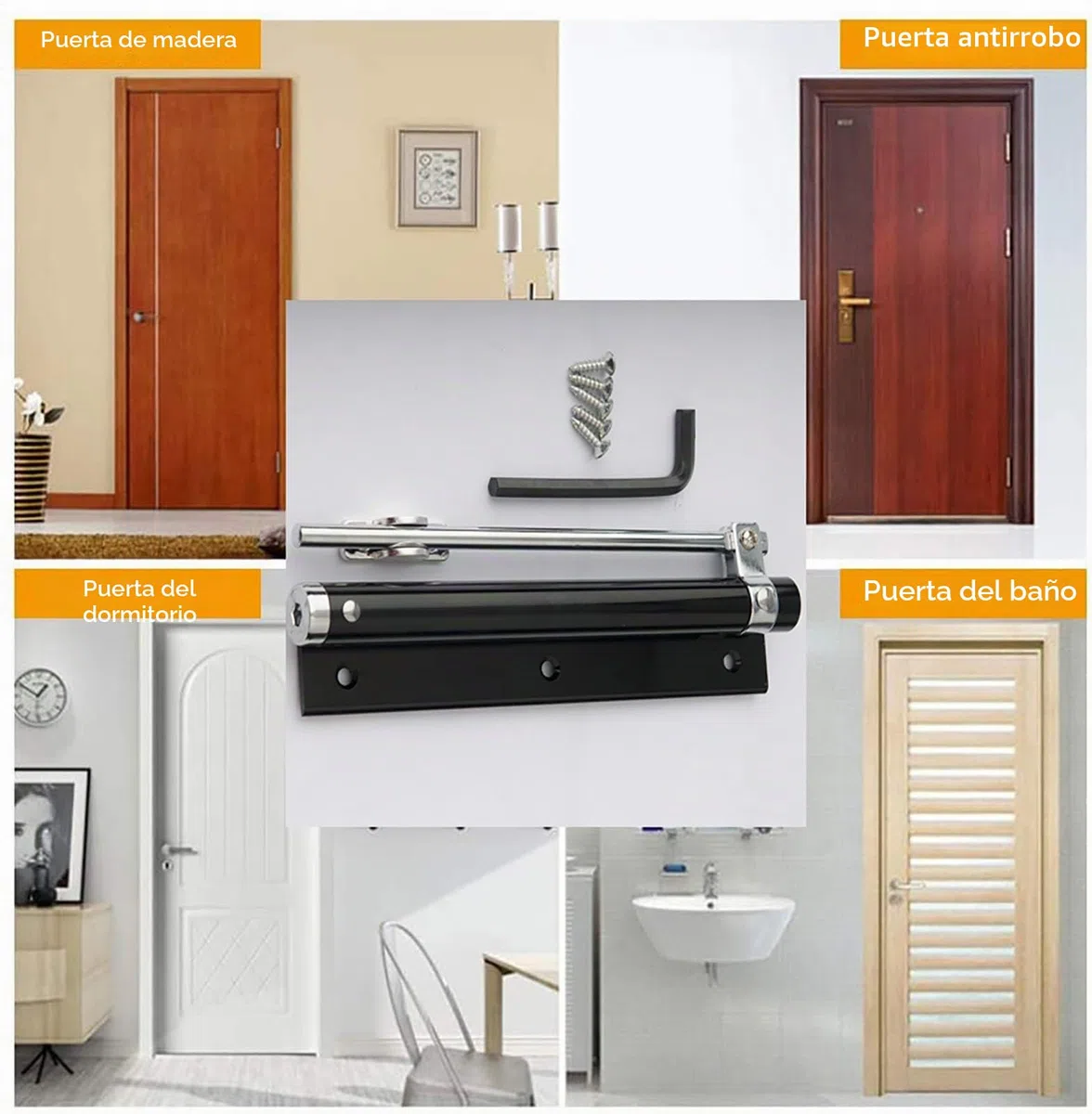 Cierrapuertas livianos de aleación de aluminio, livianos como una pluma, con resorte, ajustables, montados automáticamente para uso residencial y comercial (180 mm negro con 5 tornillos)
