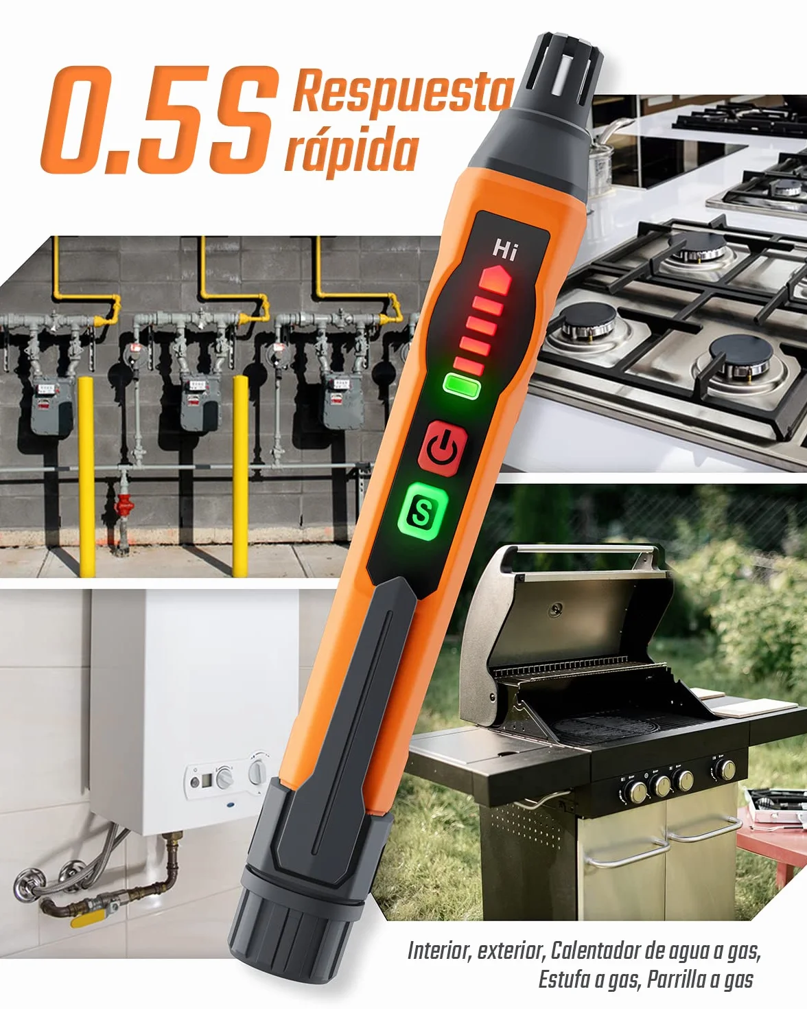 Detector de Gas Natural TopTes PT177 con Alarma Audible y Visual, para Detectar Metano y Propano en Casa o Autocaravana (Incluye 2 Baterías) - Naranja