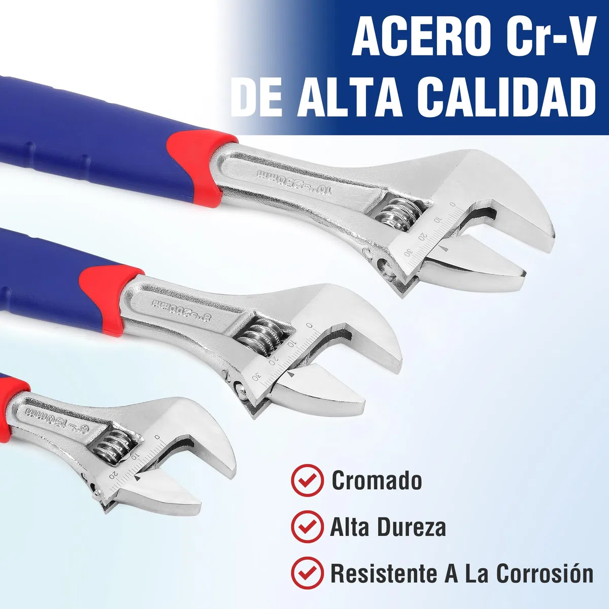 WORKPRO 3Pcs Llave Ajustable(150, 200, 250 mm), Llave Inglesa Acero Cr-V, con Mango Cómodo, Llave inglesa Profesional con Gran Apertura