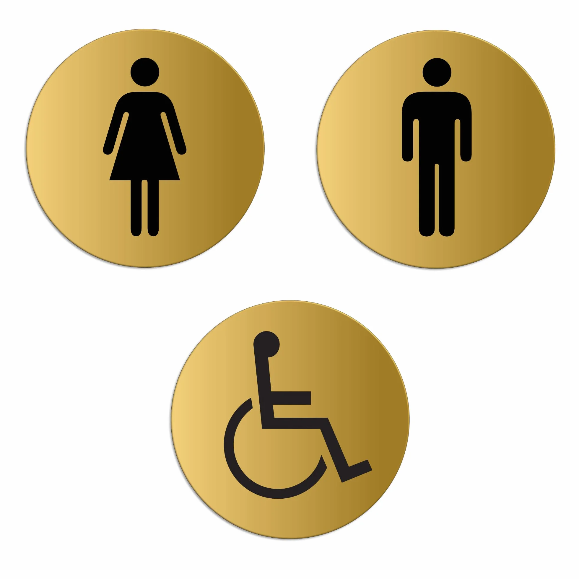 Señal Cartel Placa Mujeres Hombres Minusválidos Ø 75 mm Conjunto de 3 Aluminio anodizado oro autoadhesivo No. 6702-M