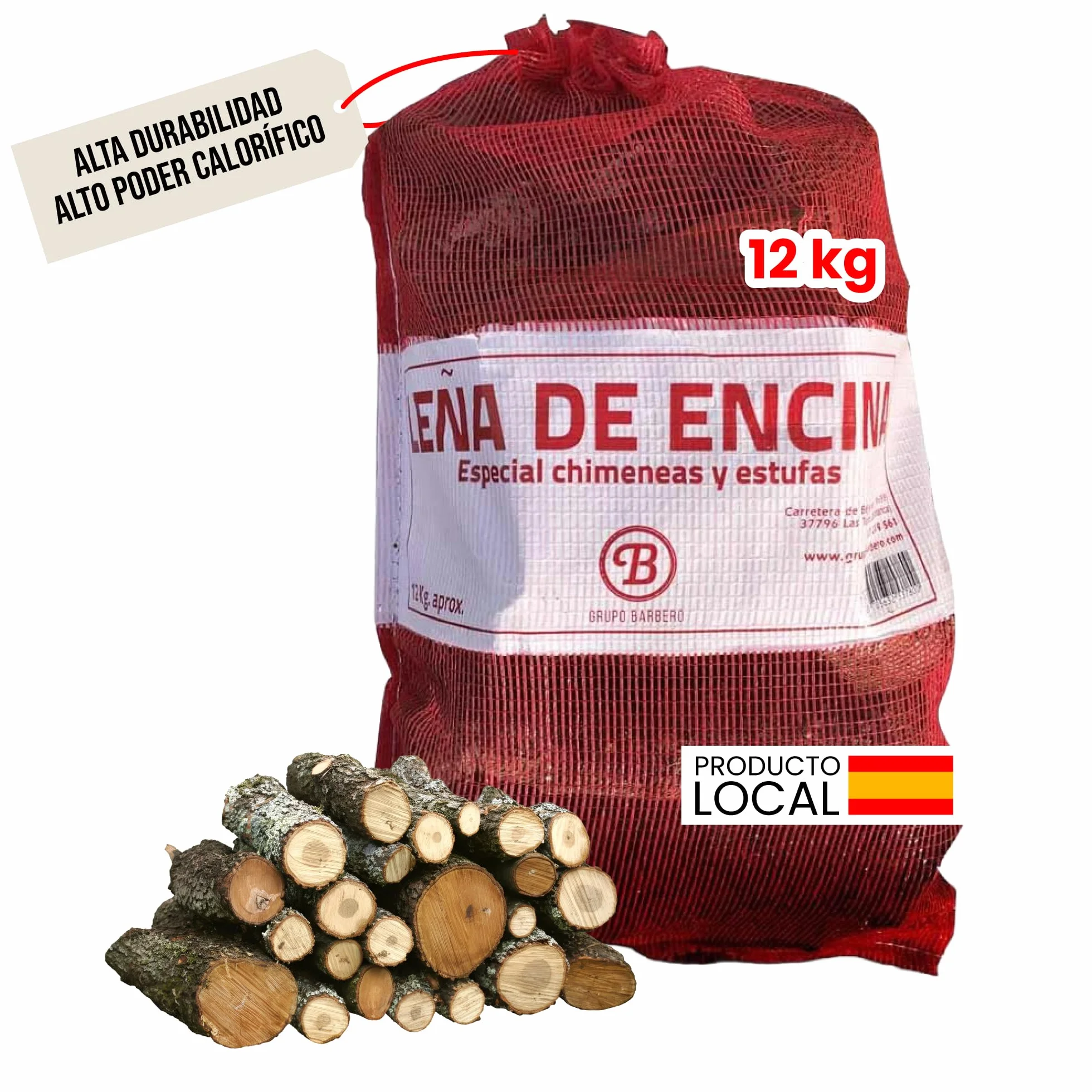 Leña Encina Saco 12kg Madera Dura Secada Horno Alto Rendimiento Calor Intenso Llama Duradera Ideal Chimenea Estufa Barbacoa Interior Exterior Combustión Lenta Baja Humedad Ecológica Limpia