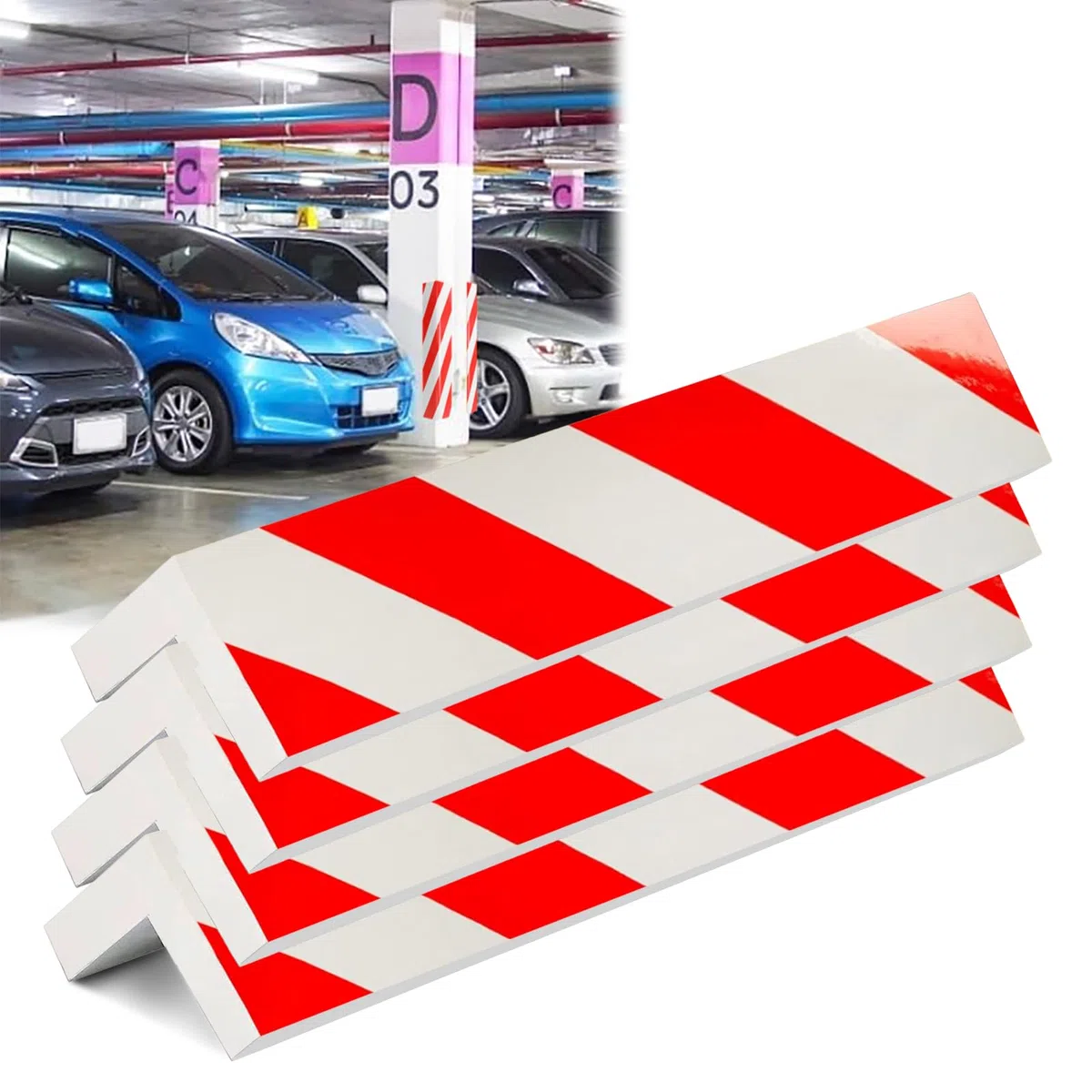MeYuxg 4 Piezas Protector Columnas Garaje, 40x10x1,5cm Espuma EVA Autoadhesiva, Protector Pared Garaje, Protector Columnas y Esquinas, para Estacionamiento y Almacén (Reflectante Rojo)