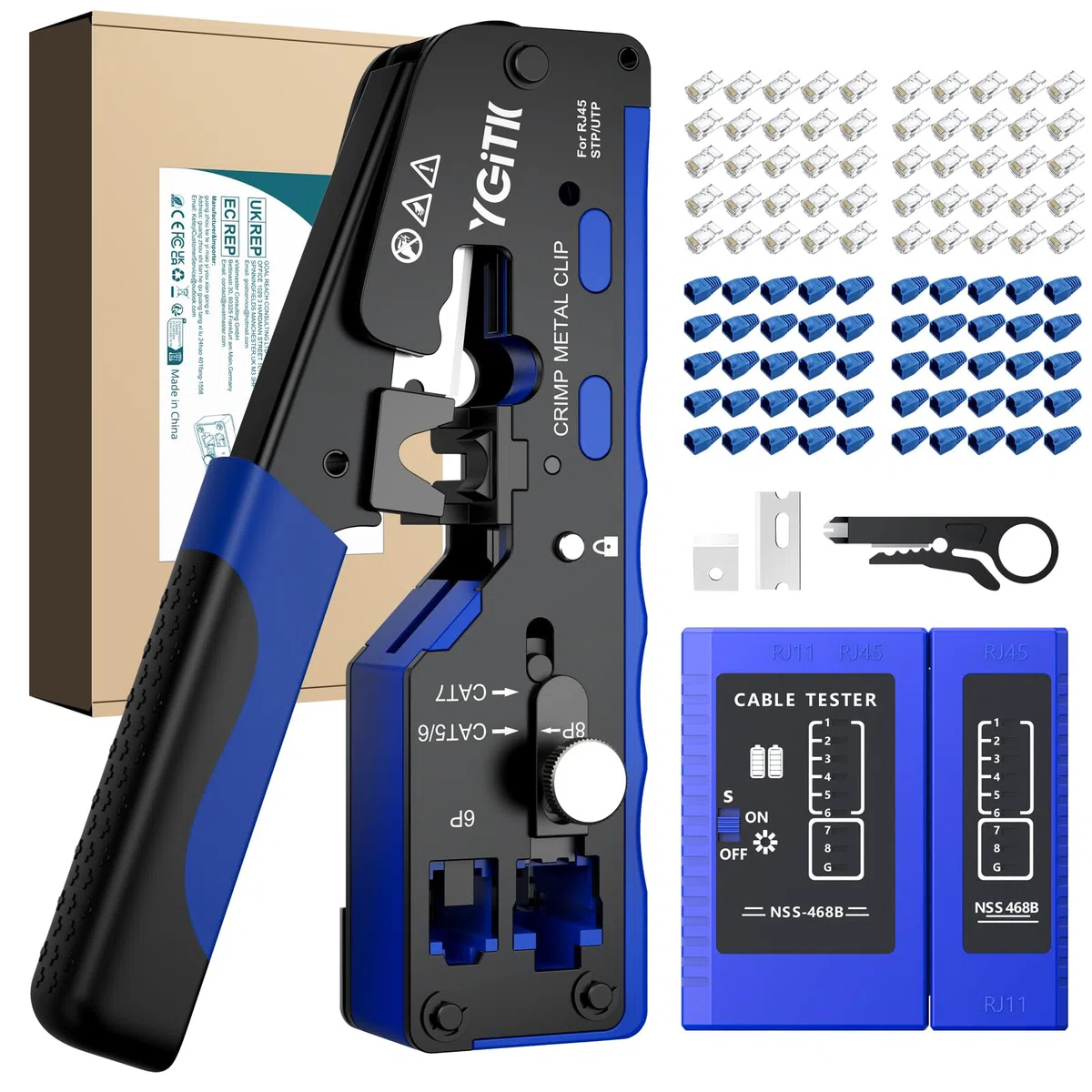 RJ45 Herramienta de Crimpado con Probador Red, Kit de Herramienta de Red Alicates de Crimpar para CAT5, CAT5e, CAT6, CAT6a, CAT7, CAT7a con 50pcs Conector CAT6 Chapado en Oro y 50pcs Funda Azul