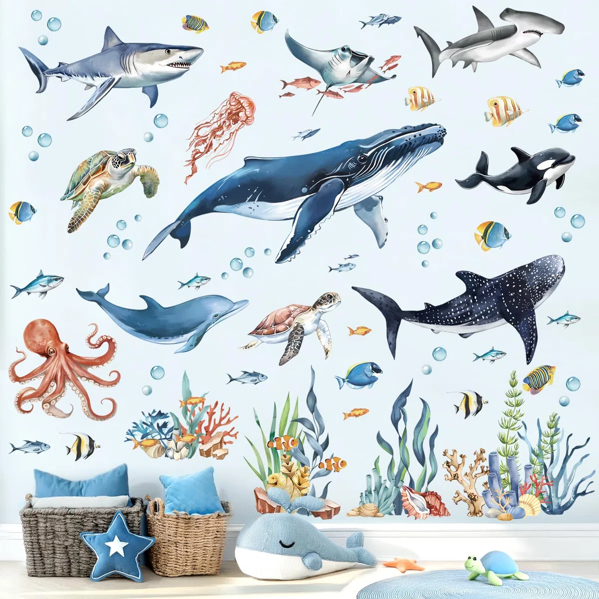 decalmile Pegatinas de Pared Bajo el Mar Tropical Peces Vinilos Decorativos Ballena Delfín Tortugas Algas Adhesivos Pared Habitación Infantiles Niños Bebés Guardería Baño