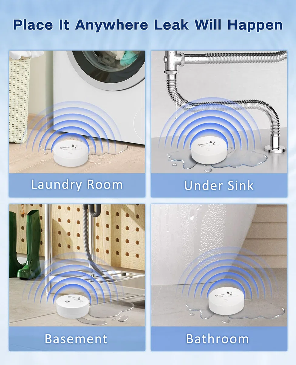 Geevon Paquete de 2 detectores de fugas de agua, alarmas de sensor de agua de 100 dB, detector de inundación para sótanos, baños, lavanderías, cocinas, garajes y áticos, alarmas de agua que funcionan