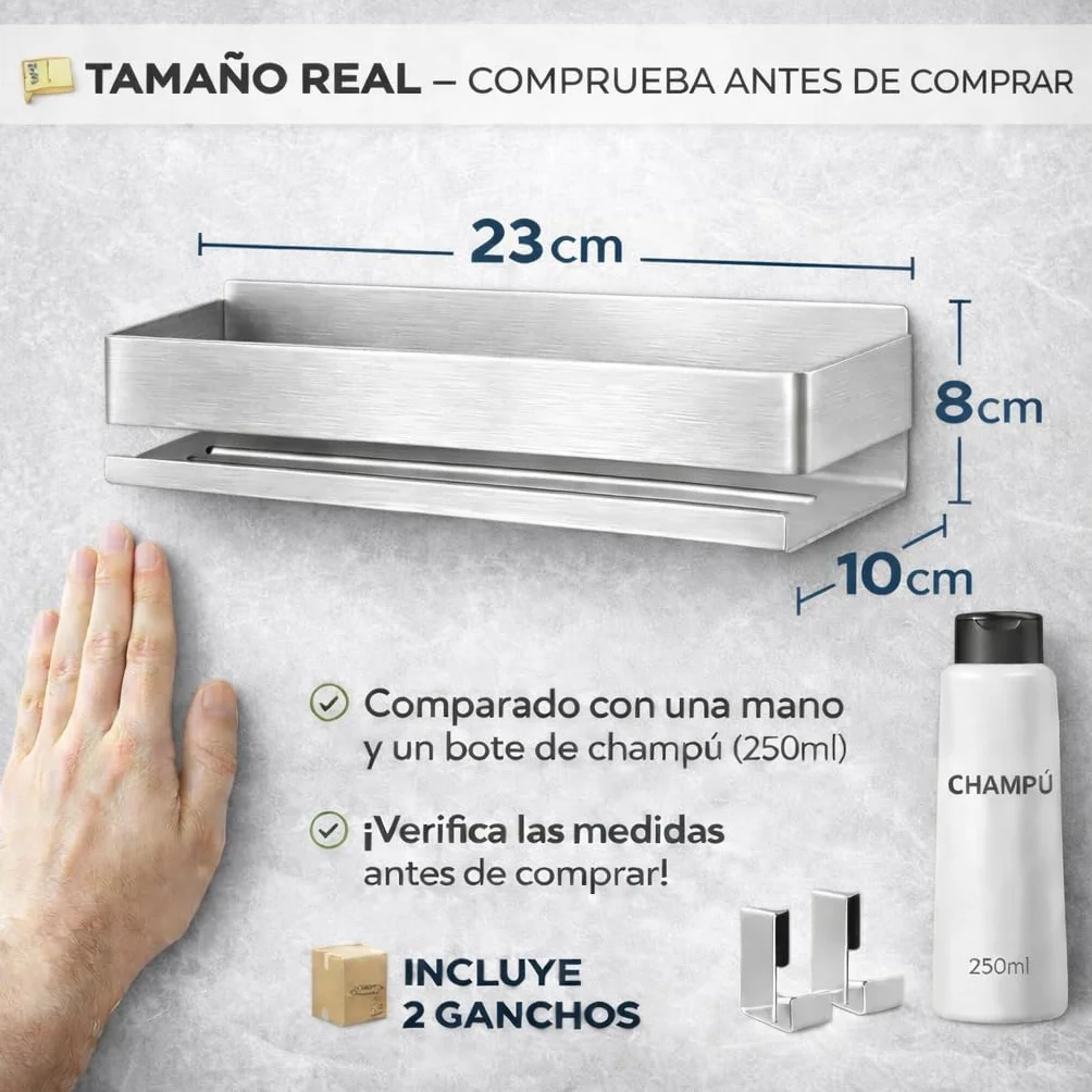 MandA - ESTANTERIA Baño SIN Tornillos + 2 Ganchos de Acero Inoxidable - Organizador Ducha SIN Taladro - Adhesivo – Baldas Pared sin Agujeros – Accesorios Modernos para Organizar y Decorar Estanterías