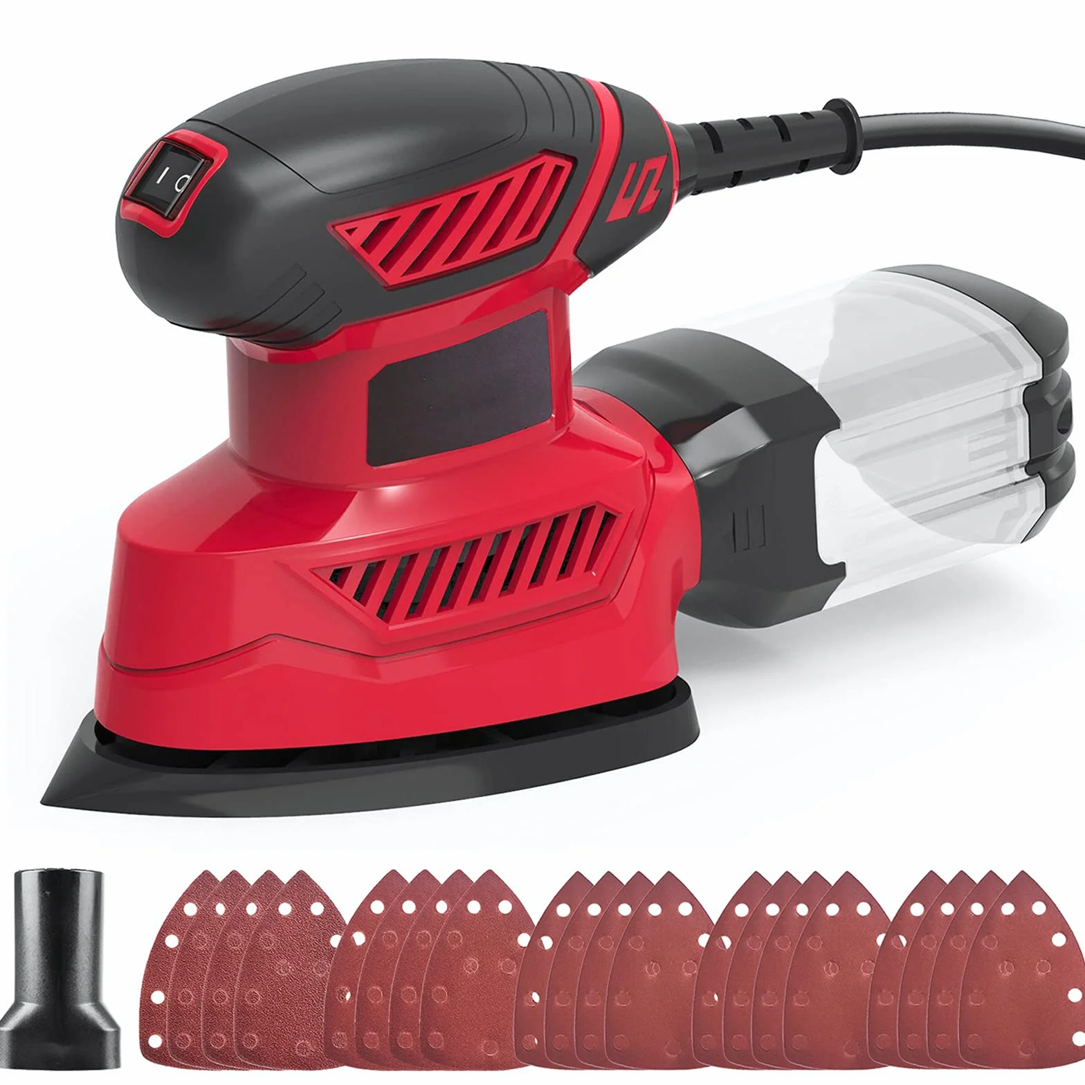 Lijadora Vistreck de 130W 14000RPM Lijadora Delta con 20 Papeles de Lija, 1 Caja de Polvo, 1 Conector de Vacío, para Pulir Paredes, Madera, Pintura, Muebles, Metal, Cemento