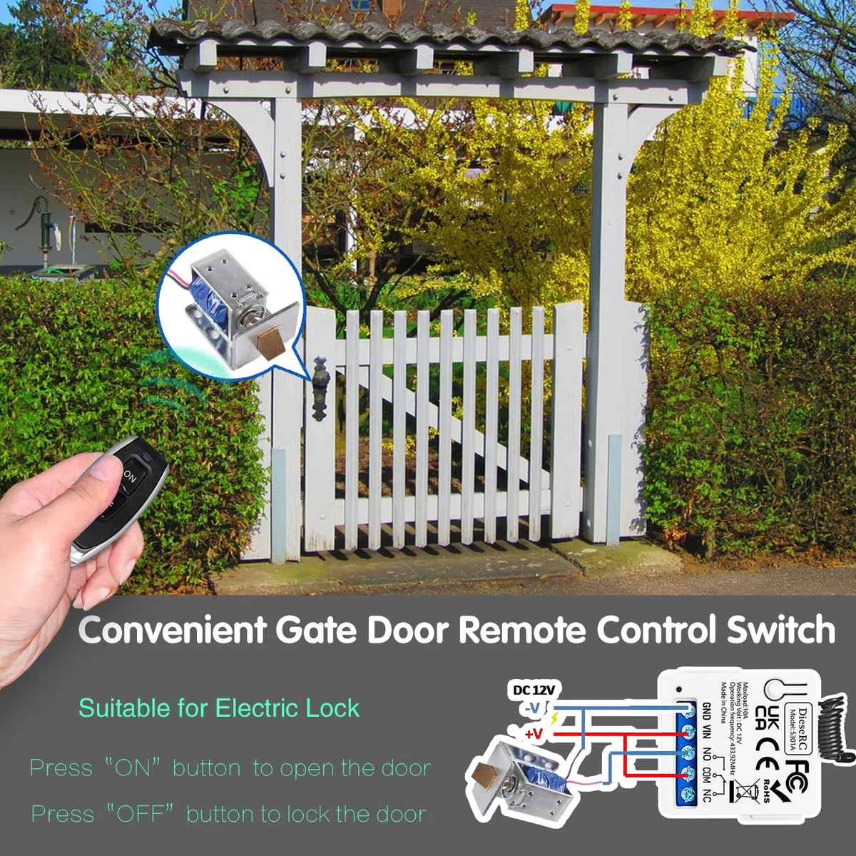 DieseRC 433Mhz Universal DC 12V 1CH Interruptor de control remoto inalámbrico Módulo receptor de relé RF con 2 transmisores, Relé de Contactos sin Potencial