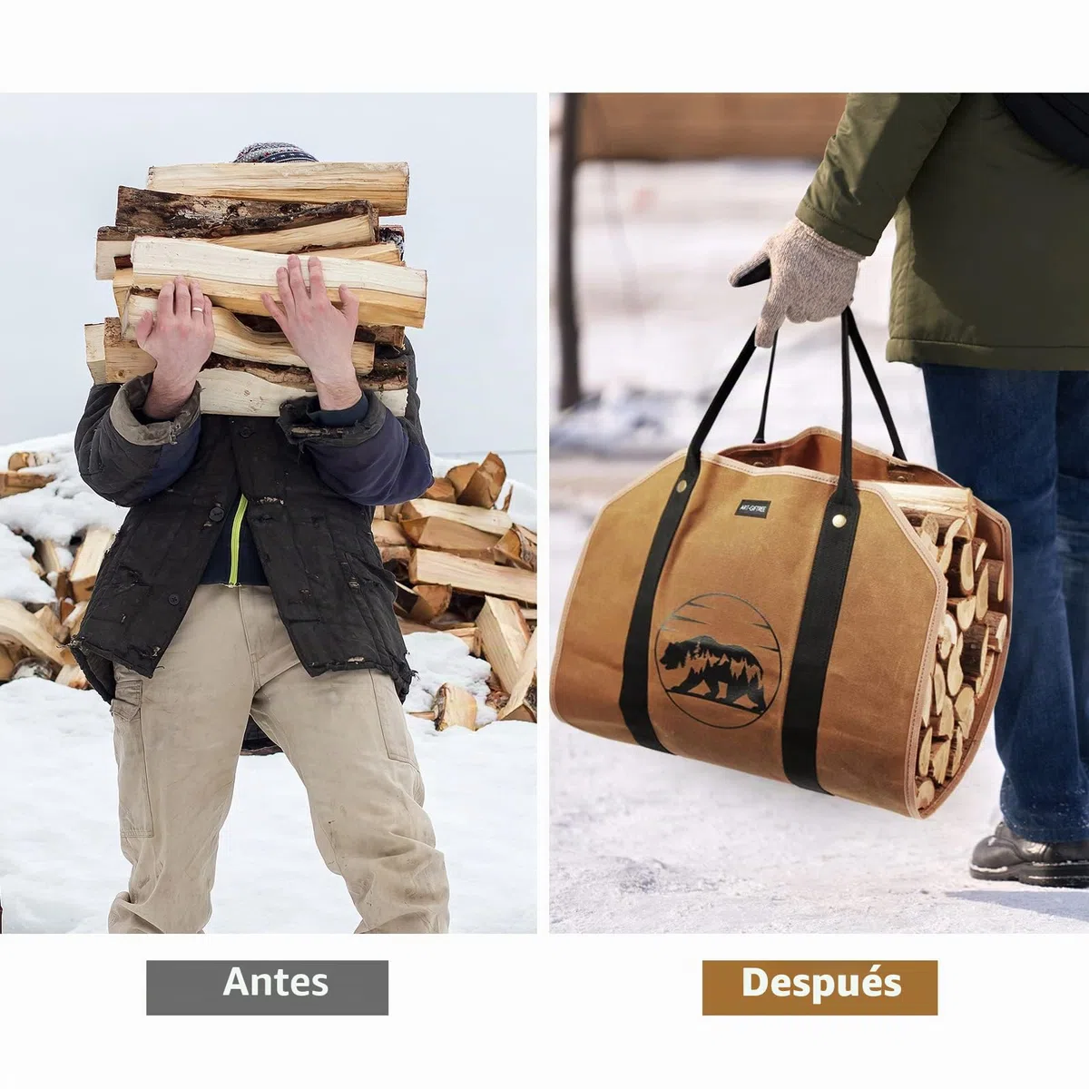 Bolsa grande de lona encerada para leña, 39 x 18 pulg., con asas y soporte de madera resistente para chimenea