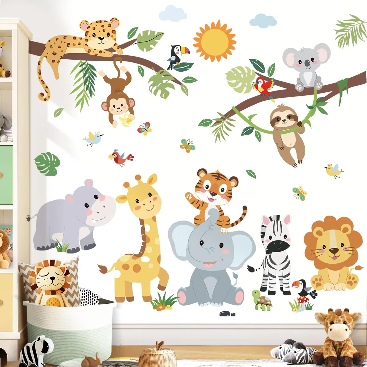 decalmile Pegatinas de Pared Infantiles Animales Árbol Rama Vinilos Decorativos Animale Safari Jirafa Elefante Adhesivos Pared Niños Bebés Guardería Dormitorio