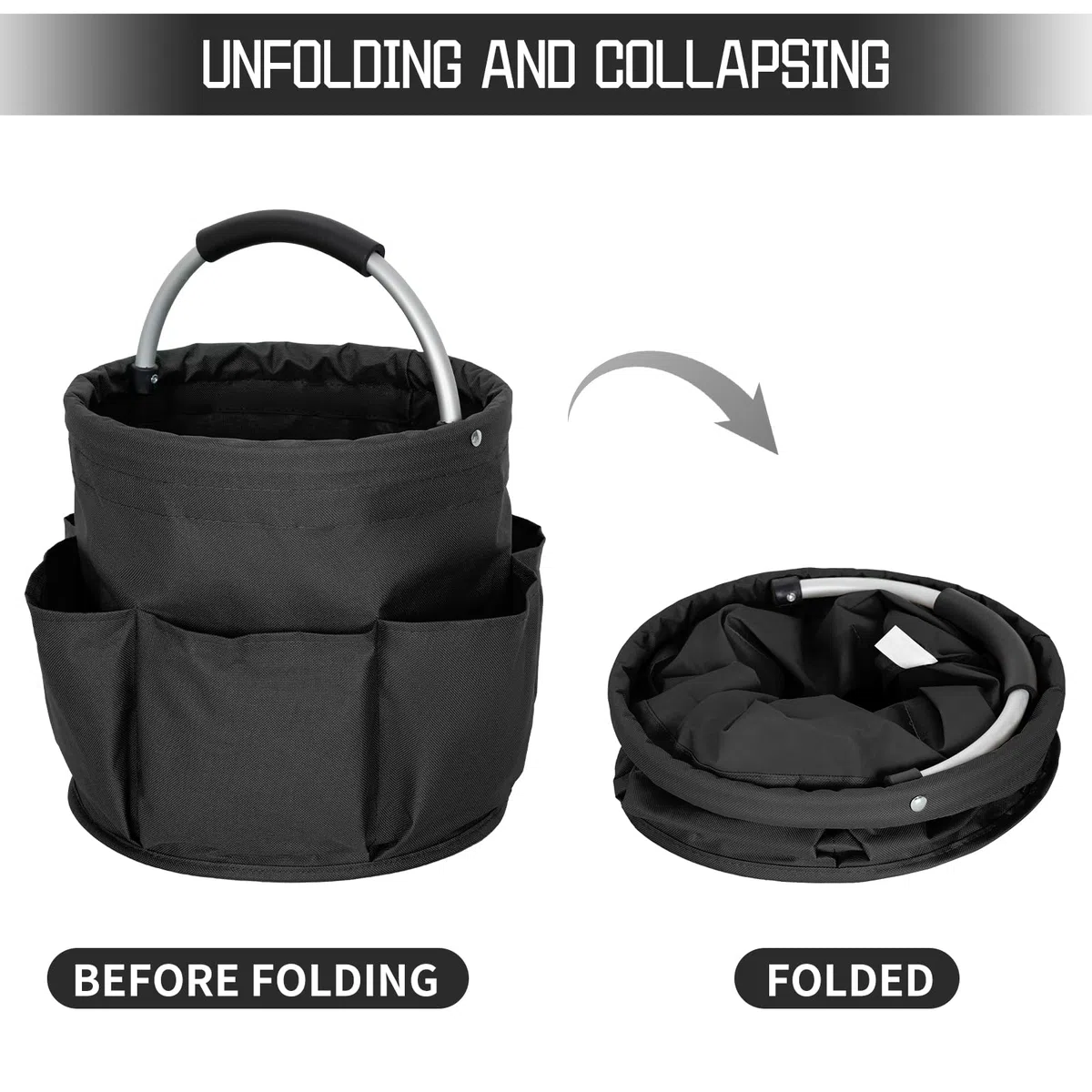 Organizador de limpieza plegable con asa - Cubo de limpieza - Bolsa de herramientas de limpieza multibolsillos para limpiadores y amas de casa, negro