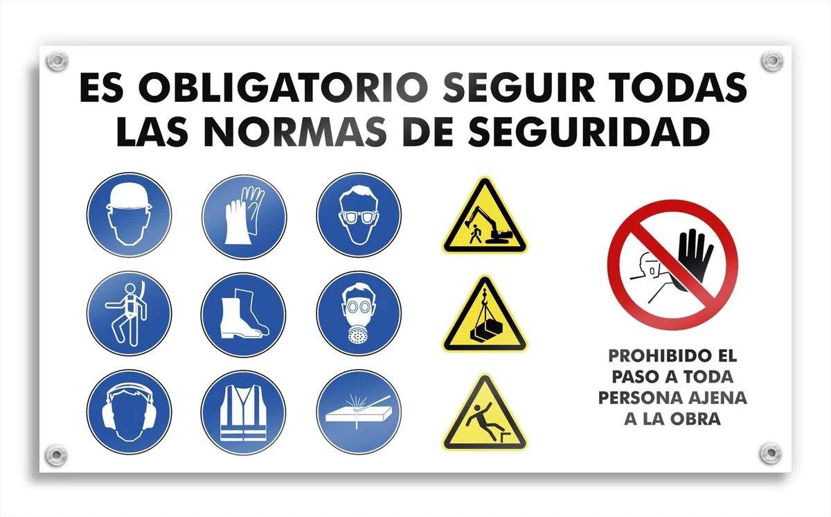 Cartel para Zona de Obra - Lona Impresa Señales de Seguridad y EPIS Obligatorias en Construccion (EPI 74x42 cm)