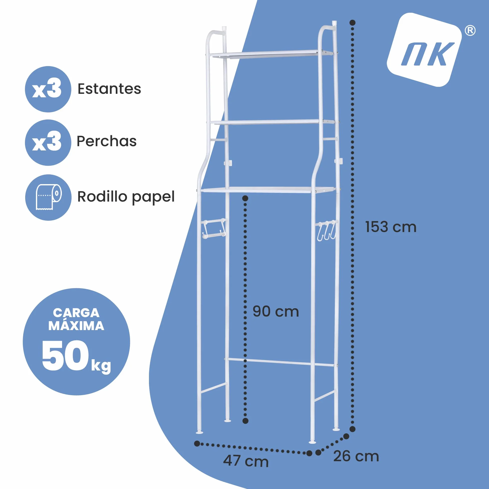 NK Estantería de Baño sobre Inodoro – 153x47x26 cm, 3 Baldas Superiores, 3 Ganchos, Portarrollos, Patas Antideslizantes, Estructura de Hierro y PP, Color Blanco, Montaje Fácil