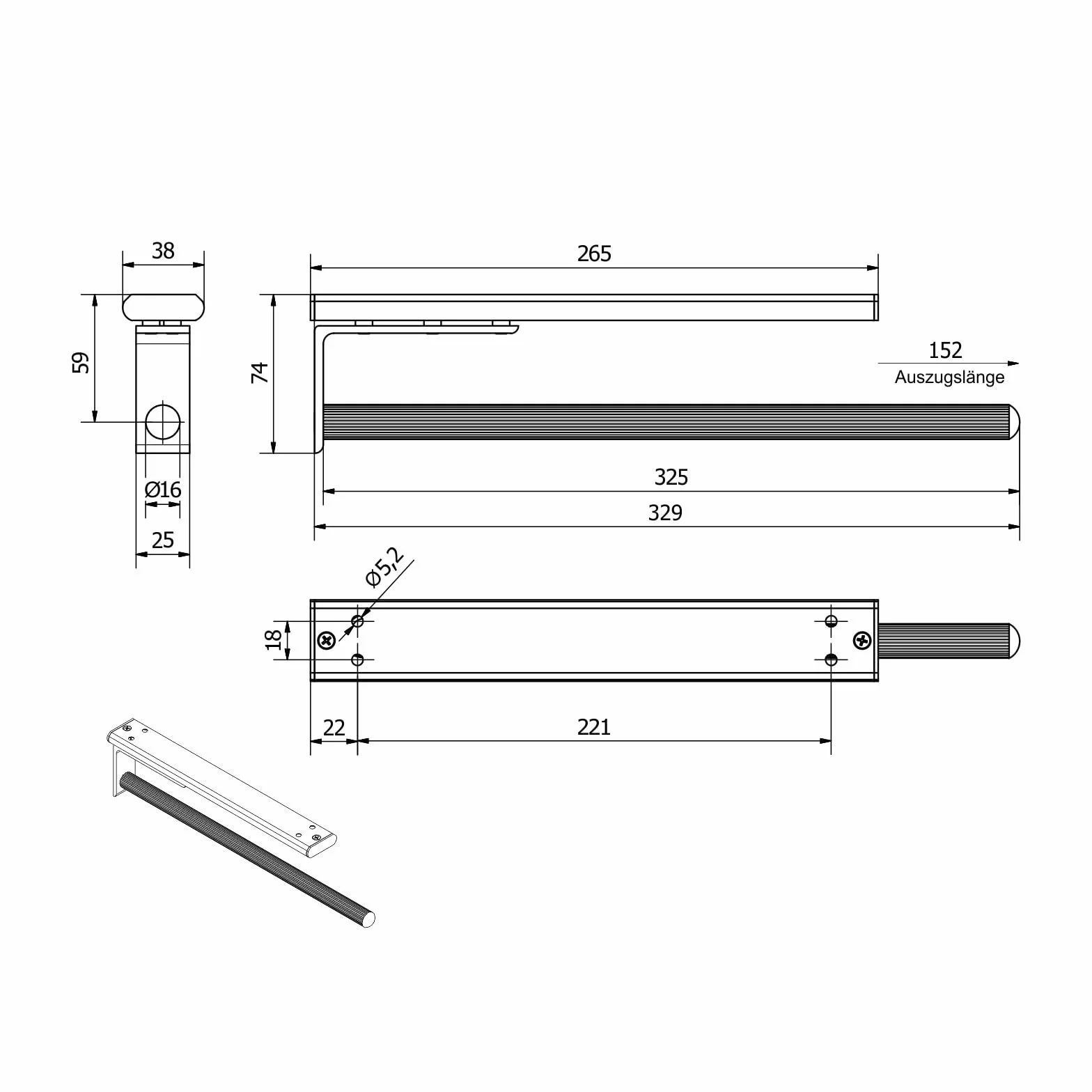 SOTECH Toallero de Aluminio EV1 Anodizado Extensible 325-487 mm Brazo 1