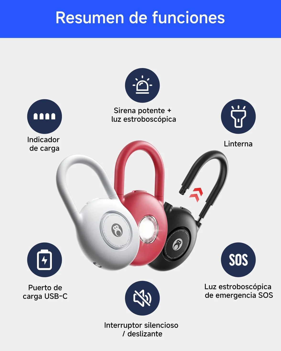 HOU Alarma Personal 130dB Llavero Defensa Personal con Luz LED Sirena SOS