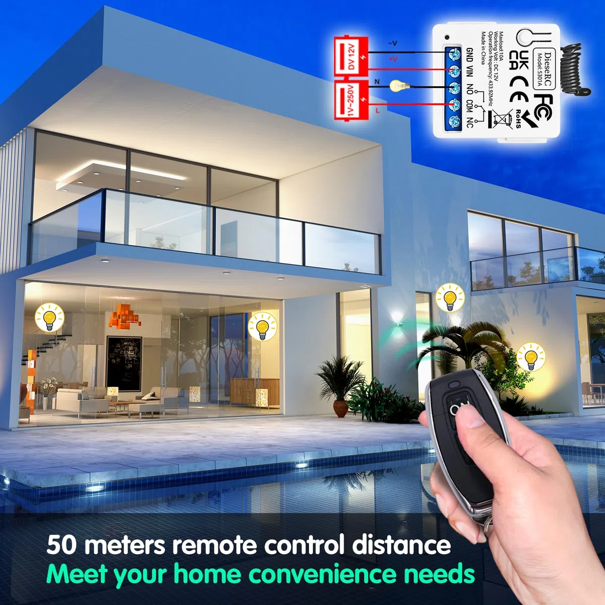 DieseRC 433Mhz Universal DC 12V 1CH Interruptor de control remoto inalámbrico Módulo receptor de relé RF con 2 transmisores, Relé de Contactos sin Potencial