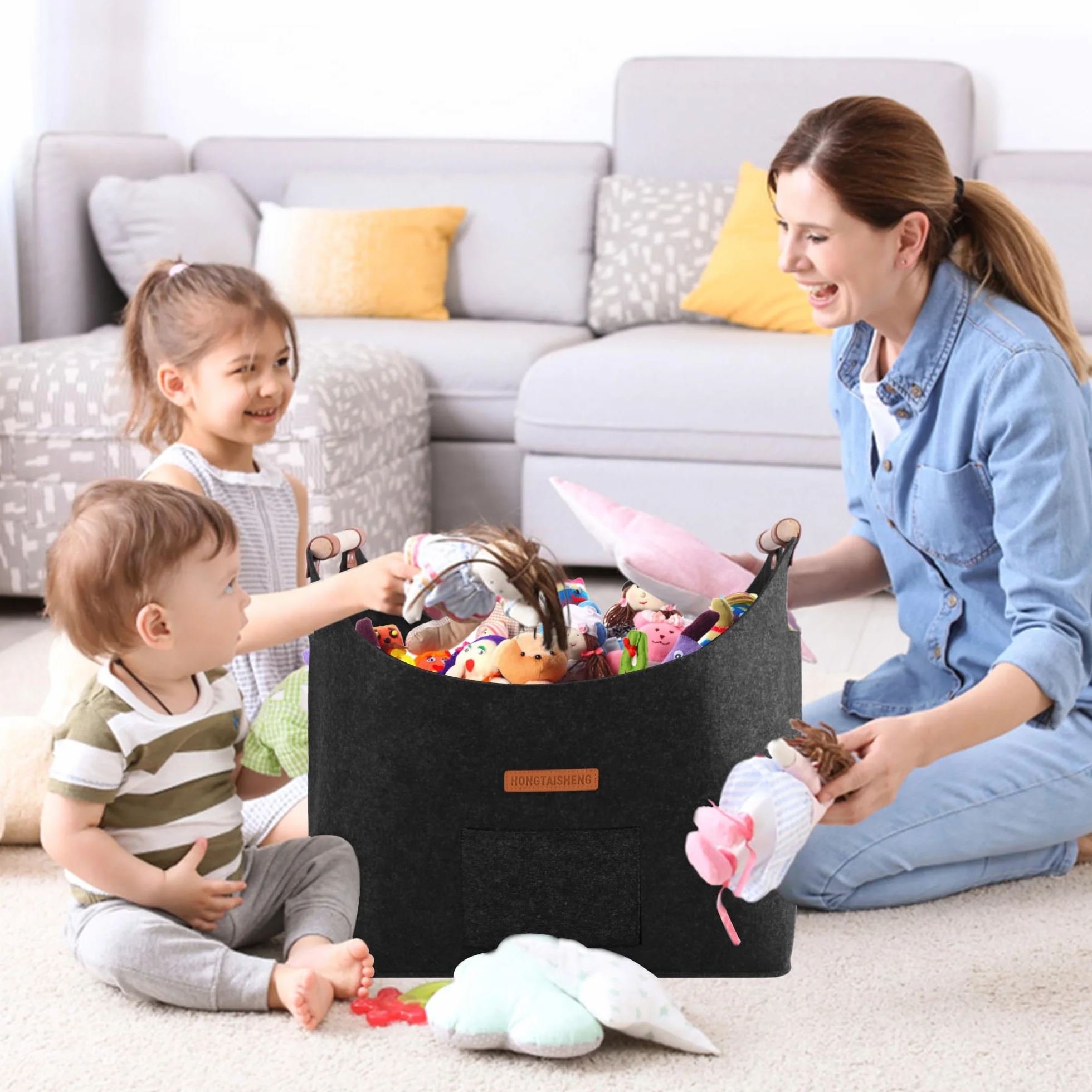 Leñero interior XL cesta de fieltro de fieltro extra grueso y asa reforzada | Cesta leña plegable bolsa de fieltro para la compra, leña, periódico o leña (Negro)