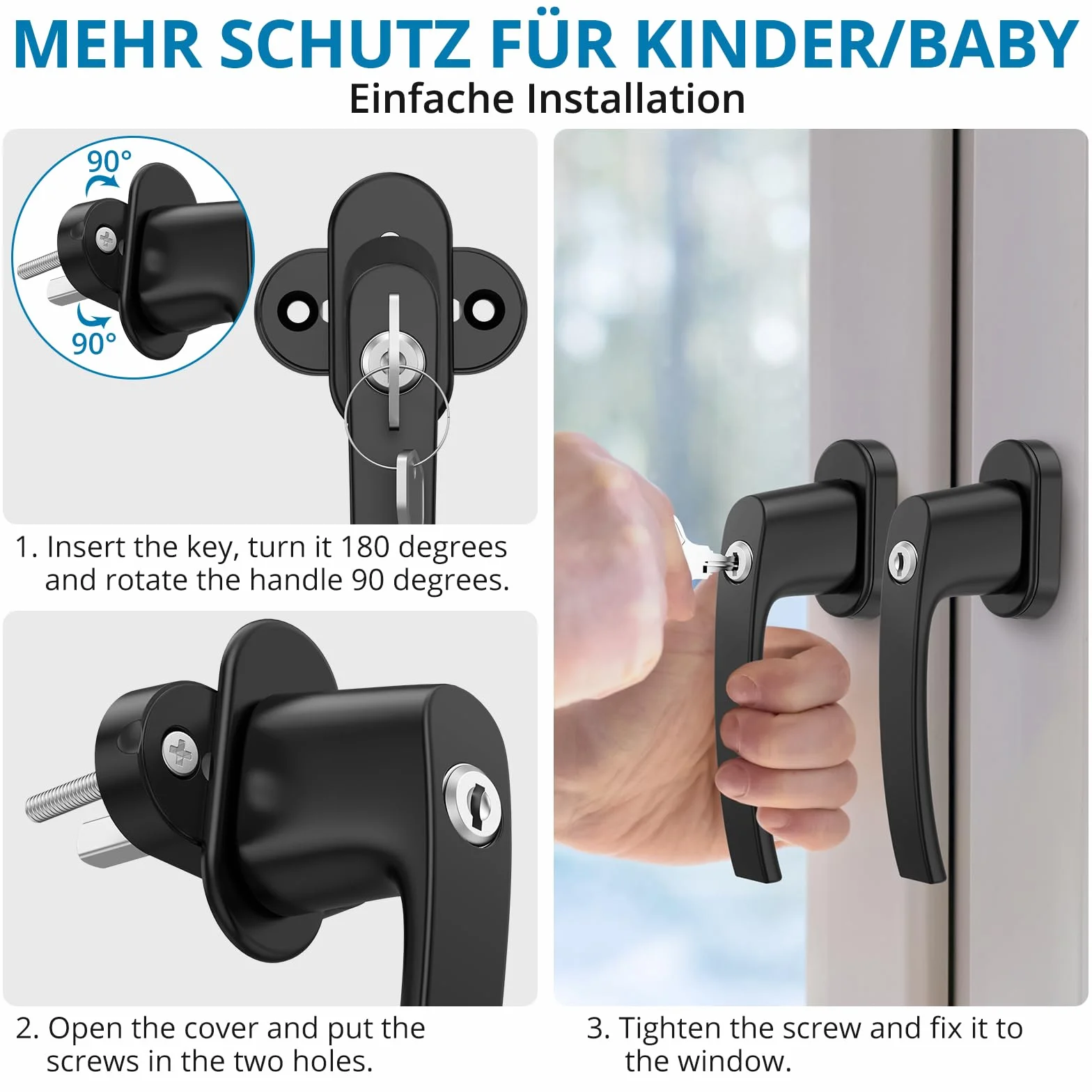 AUTOUTLET Manijas de Aluminio para Ventanas, Manijas de Seguridad, Cerradura de Ventana, Dispositivo de Seguridad para Niños, Manija de Puerta de Balcón de Ventanas con Llaves Iguales (2pcs Negro)
