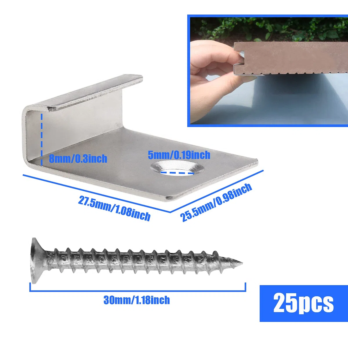Clip de tablero de sujeción oculto para cubierta de cubierta, 25 uds., con tornillo autorroscante, Hardware DIY de acero inoxidable para tablero de madera de 8mm
