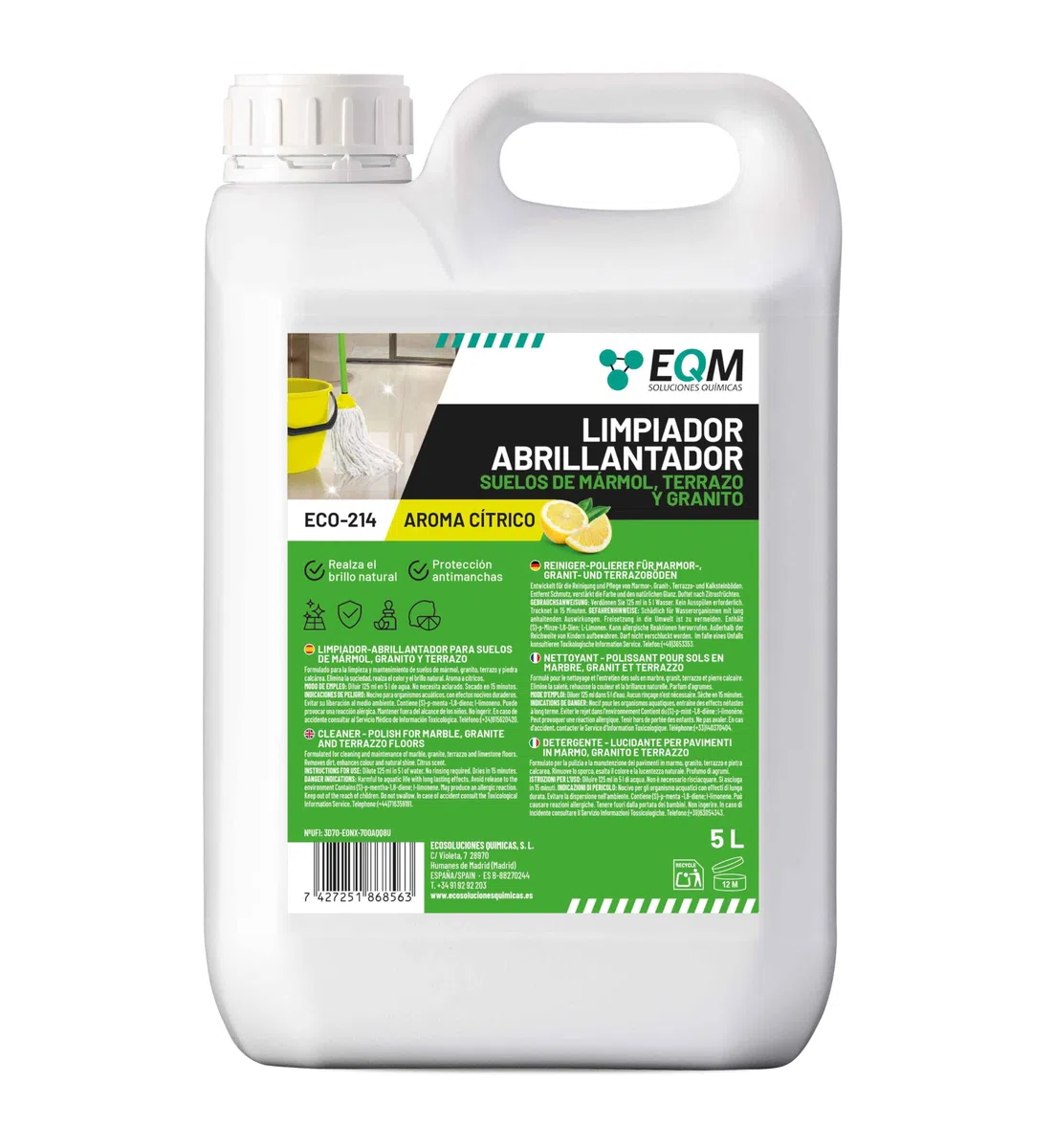 EQM SOLUCIONES QUIMICAS - ECO-214 - Limpiador Abrillantador para Suelos de Mármol, Granito y Piedra natural - 5L - Realza el color y el brillo propio, devolviendo su aspecto original