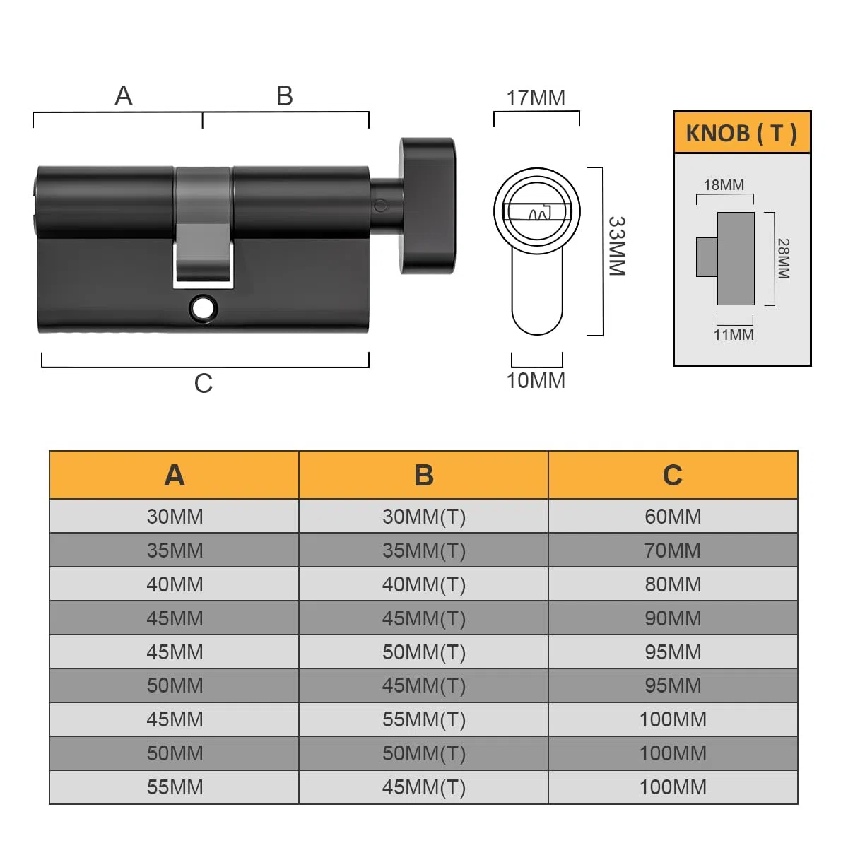 Bwintech 1 pieza 30T/30mm Euro Latón Cilindro, 60mm Thumbturn/Key Barrel Lock con 5 llaves de latón horizontales, tiene antirrobo, antiperforación, antigolpes, antigolpes, negro