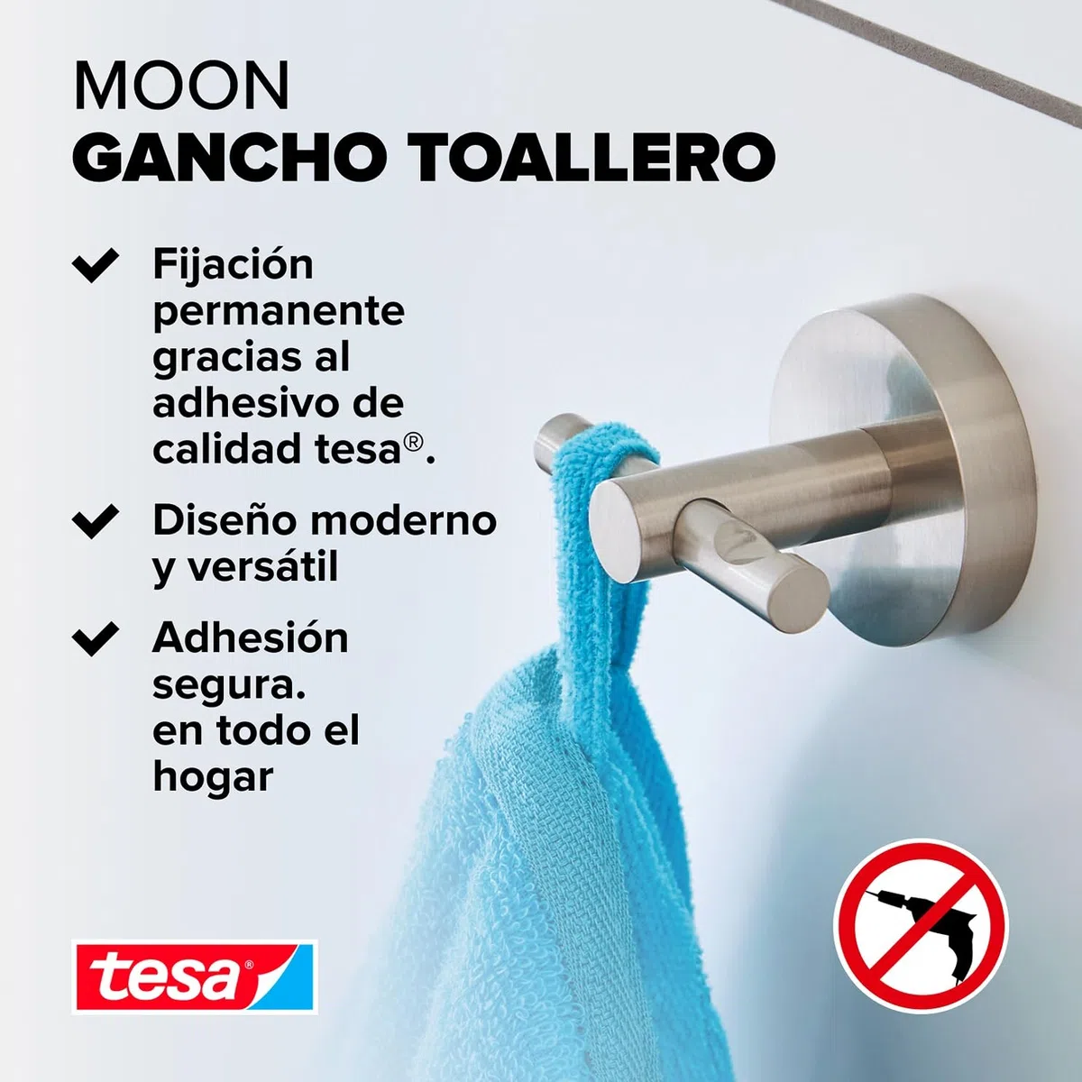 tesa Moon Percha impermeable, apariencia de acero inoxidable, autoadhesiva, tecnología de montaje adhesiva, 50 x 65 x 35 mm