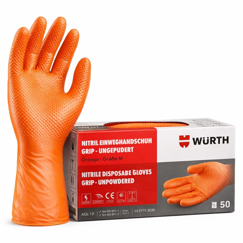 Wuerth Wurth Guantes de Nitrilo, Textura Diamantada, Color Naranja, Resistentes a Químicos (Talla M)