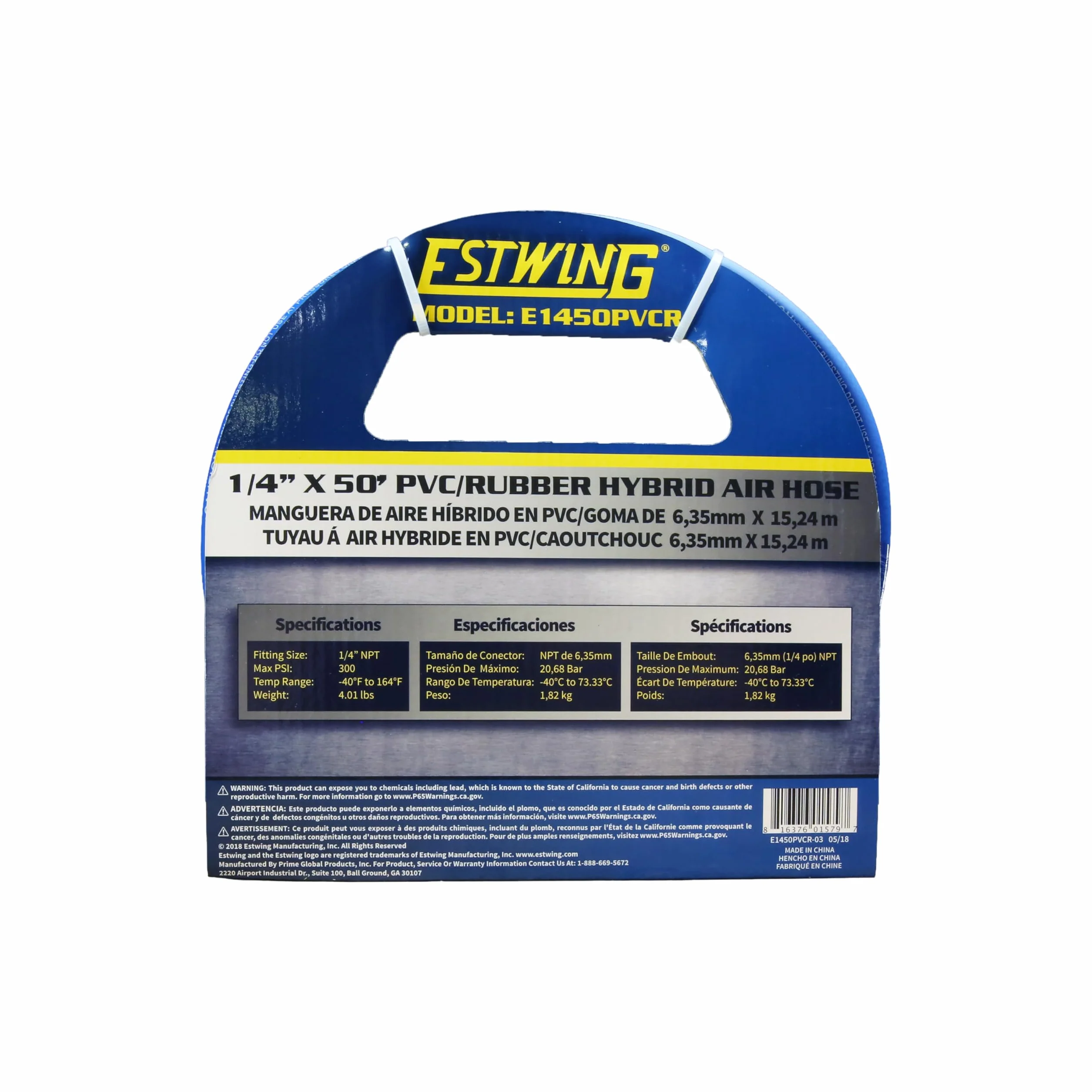 Estwing E1450PVCR 50' PVC/Rubber Hybrid Air Hose with Brass NPT Industrial Fitting and Universal Quick Connect Coupler, Blue and Yellow, 1/4" x 50’