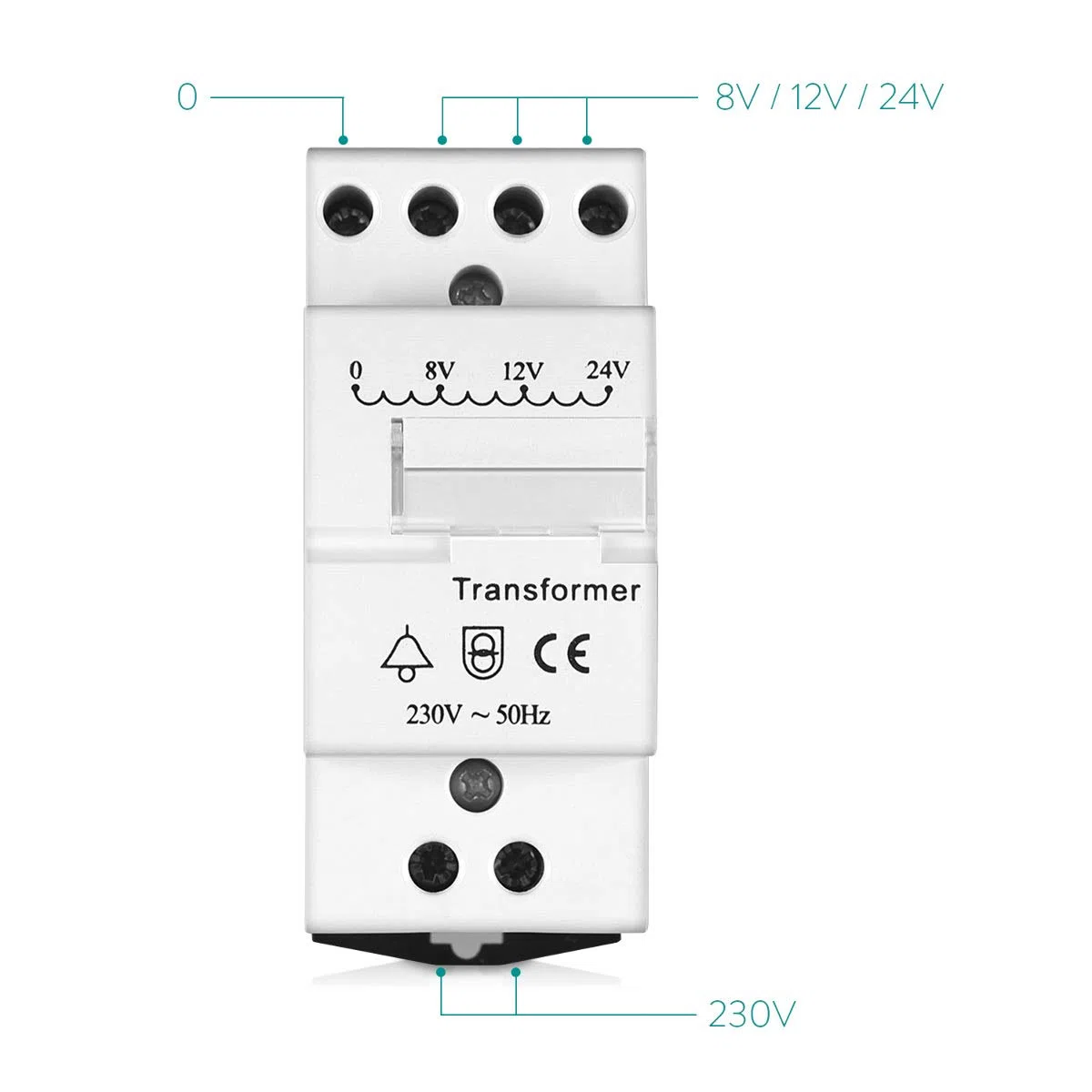 Navaris Transformador Timbre 8V 12V 24V - Transformador para Timbre de Puerta con Instalación en Carril DIN - Apto para Timbres con una Potencia de hasta 8VA