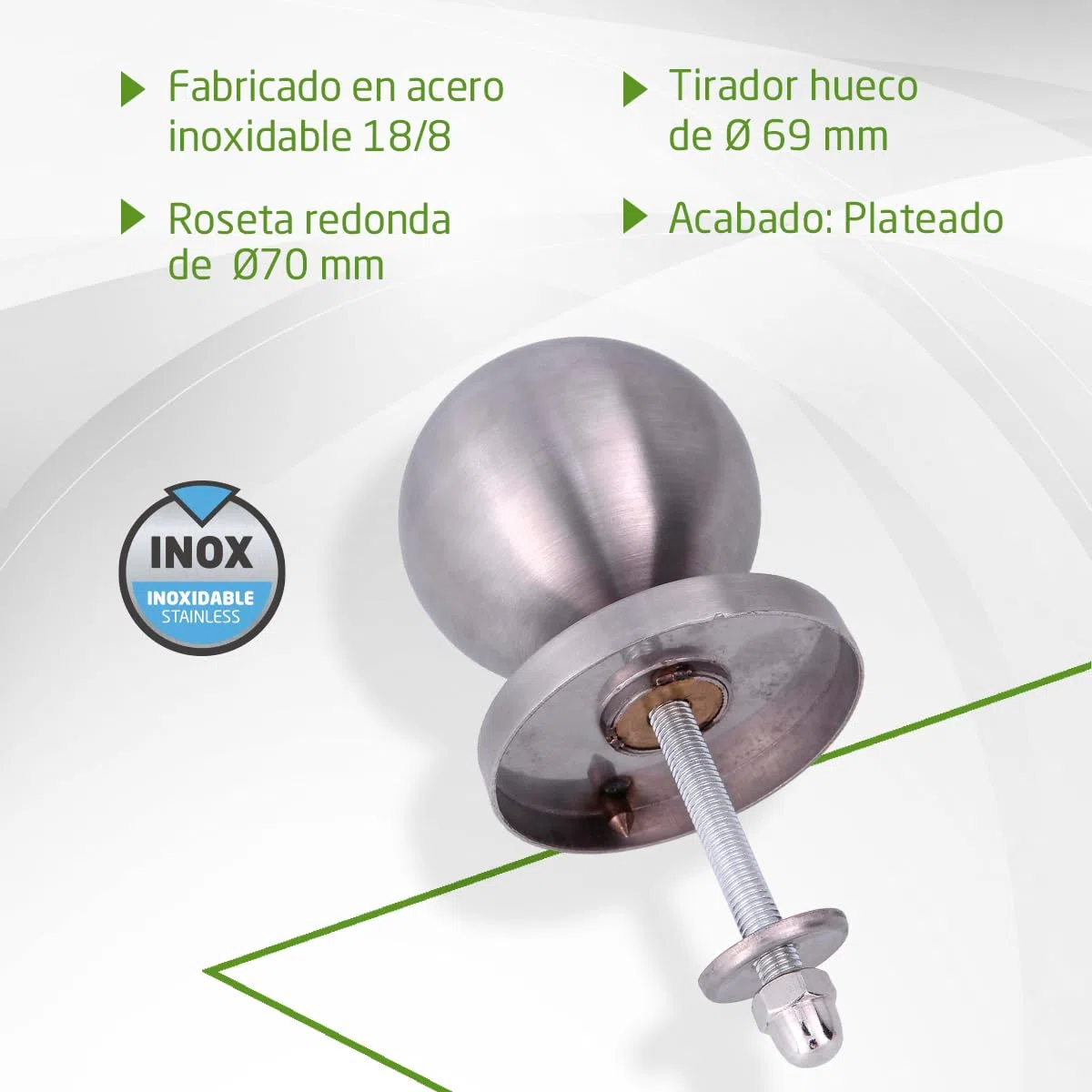 Amig - Pomo de Puerta - Fabricado en Acero Inoxidable - Tirador: Ø70 mm - Plateado - Resistente al Frotamiento, Óxido y Corrosión