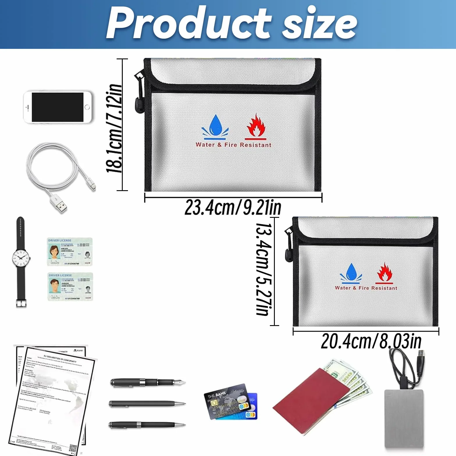Bolsa de Documentos ignífuga, Bolsa de Almacenamiento de Seguridad ignífuga e Impermeable de 23.4x18.1cm y 20.4x13.4cm Pulgadas, Puede Proteger Objetos de Valor, pasaportes, Documentos, Dinero, Joyas