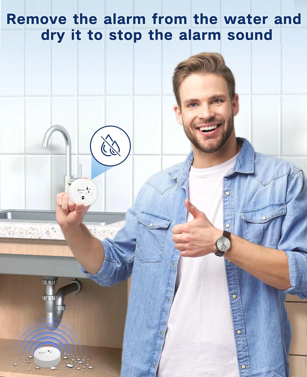 Geevon Paquete de 2 detectores de fugas de agua, alarmas de sensor de agua de 100 dB, detector de inundación para sótanos, baños, lavanderías, cocinas, garajes y áticos, alarmas de agua que funcionan