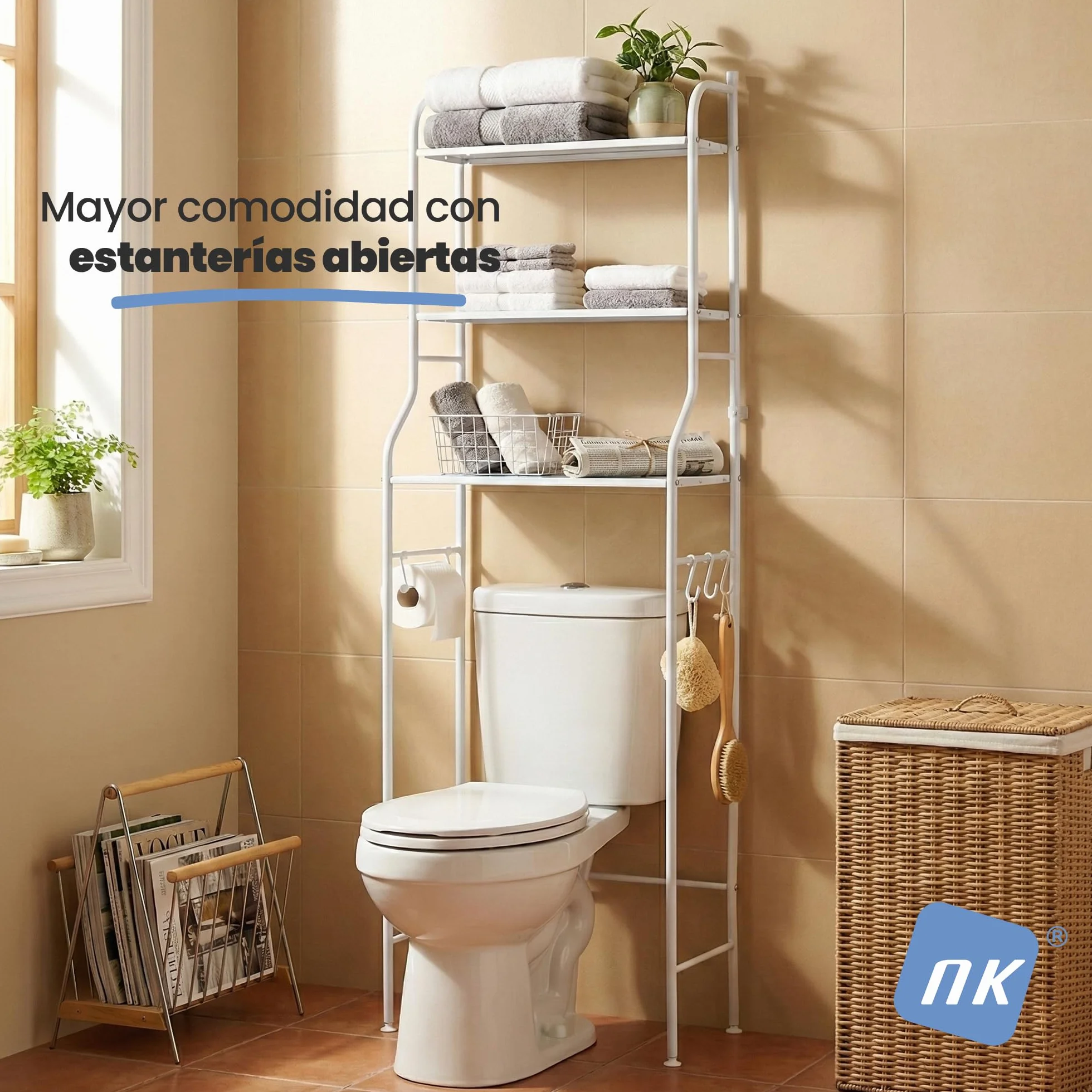 NK Estantería de Baño sobre Inodoro – 153x47x26 cm, 3 Baldas Superiores, 3 Ganchos, Portarrollos, Patas Antideslizantes, Estructura de Hierro y PP, Color Blanco, Montaje Fácil