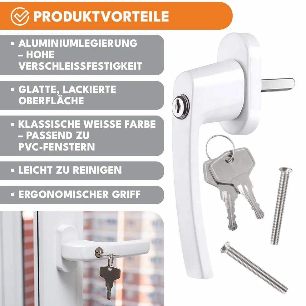 KRUMAD Tirador de ventana con cerradura, color blanco, tirador de ventana con llave y botón de presión, mango de aluminio estable para seguridad infantil y protección antirrobo, para ventanas y