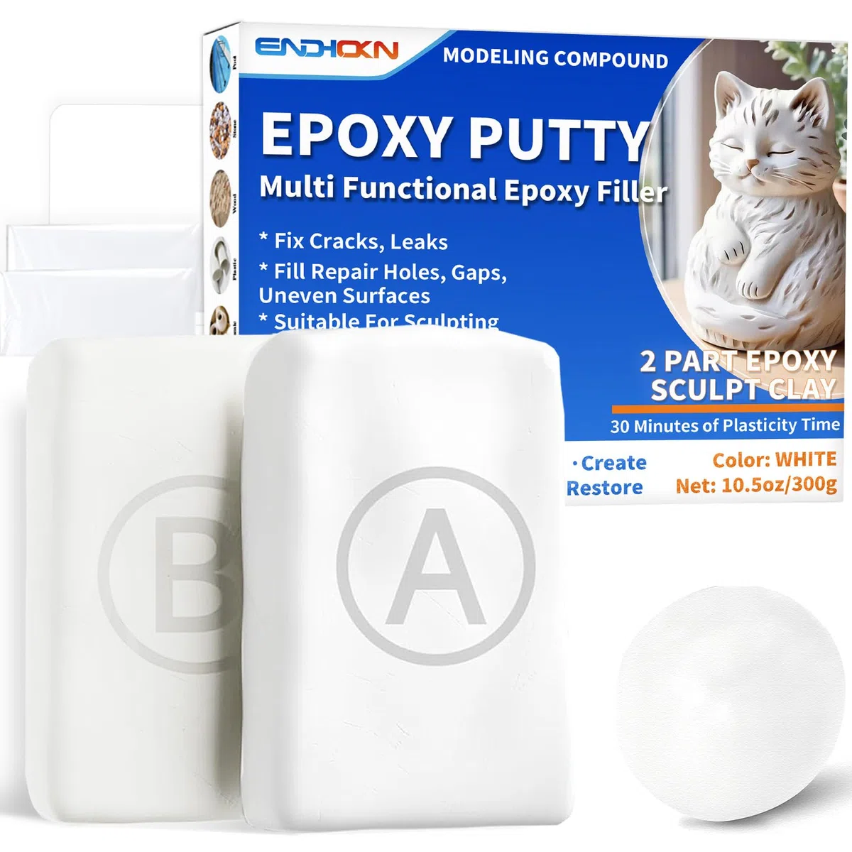 Masilla Epoxy, Endhokn 300g Blanca Masilla Epoxi 2 Componentes Reparación de Fugas, Grietas y Agujeros de Relleno, Epoxi para Modelar para Metal, Cerámica, Plástico, Madera, Azulejos