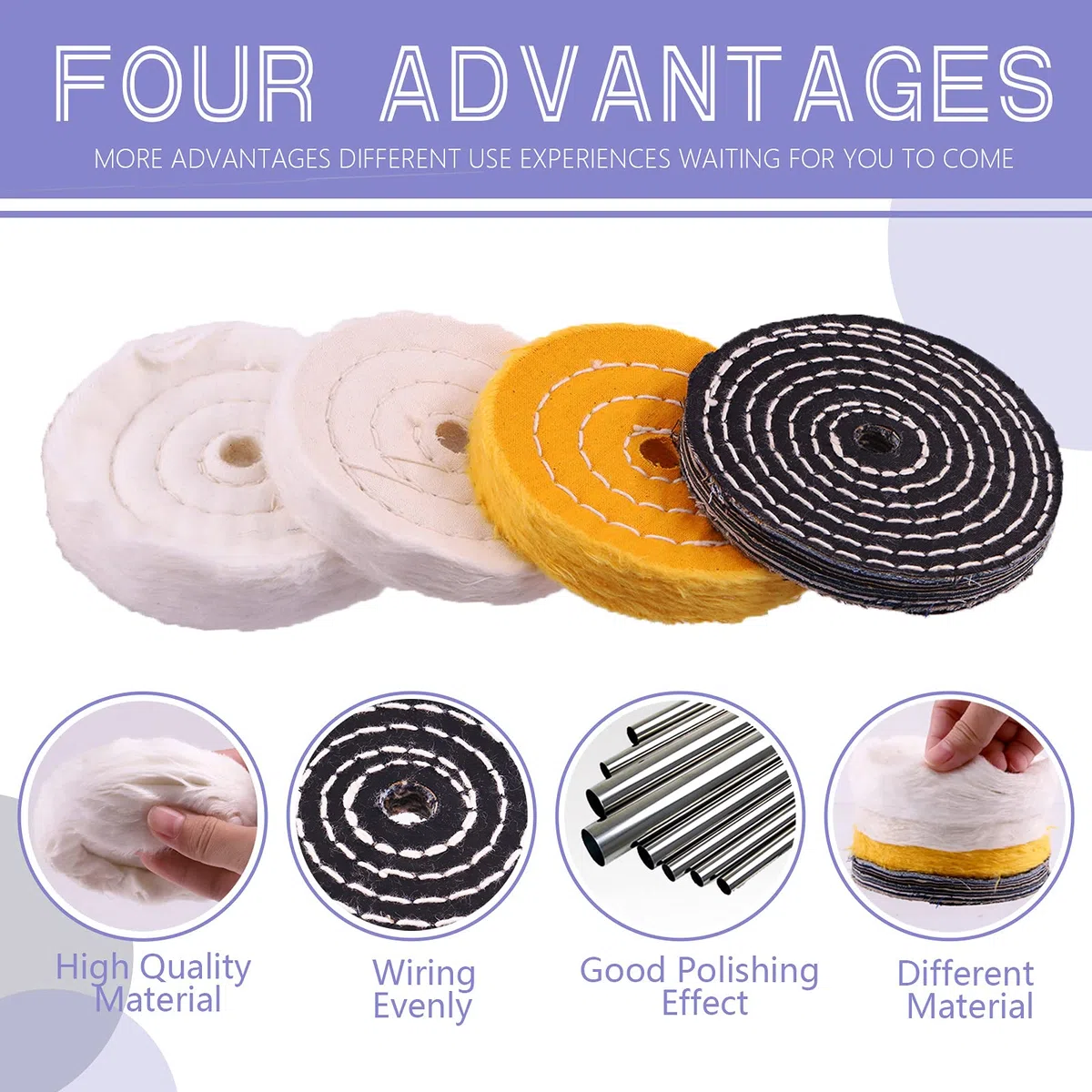 Swpeet Juego de 7 almohadillas de pulido de 4 pulgadas con 3 compuestos de pulido y vástago de taladro de 1/4 pulgadas, algodón blanco (50 capas), algodón amarillo (36 capas), franela (30 capas),