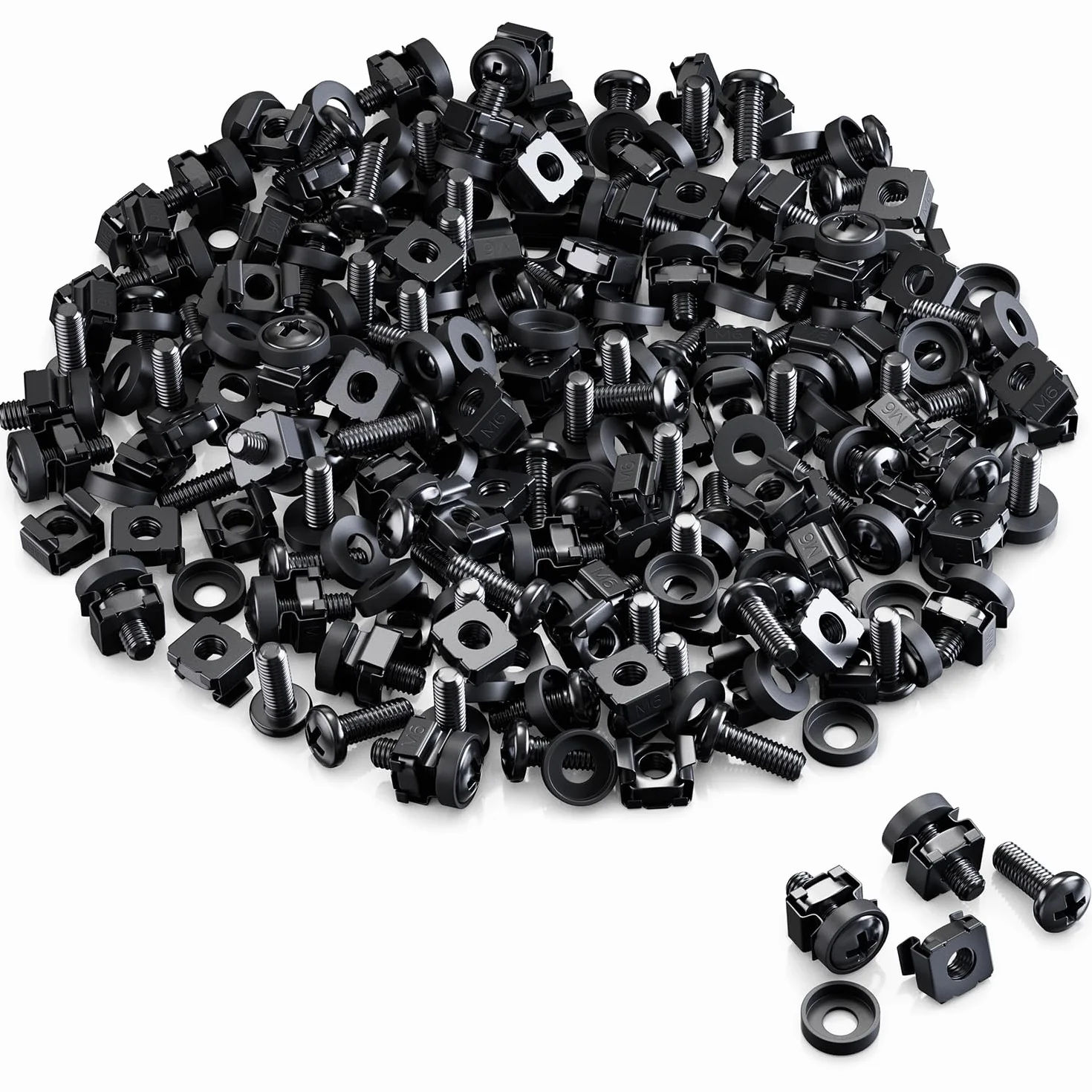 deleyCON [100er Set] M6 Tuercas Jaula & Tornillos para Armarios Red 10 Pulgadas 19 Pulgadas Racks IT, Kit Montaje para Rack Servidor Patchpanel Carcasa Técnica Eventos - Negro