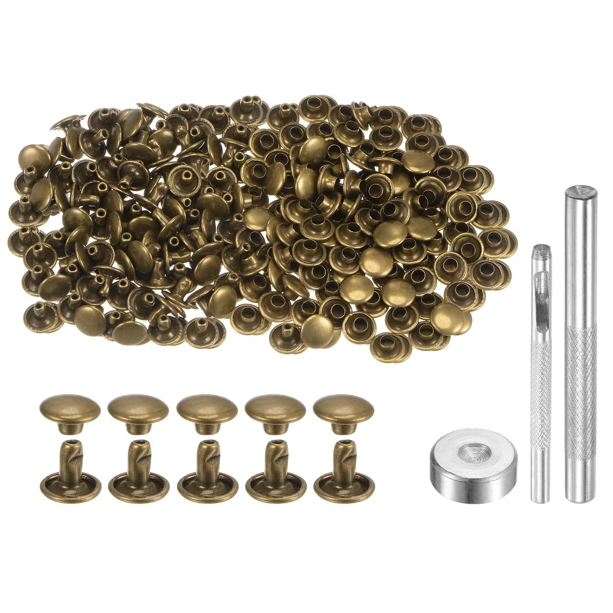 QUARKZMAN 200 Juegos Remaches de Cuero de 8mm x 6mm Remaches de Metal de Doble Tapa Sujetadores Con 3 Instalación Herramientas para Cuero Manualidades Reparación Decoración Bronce