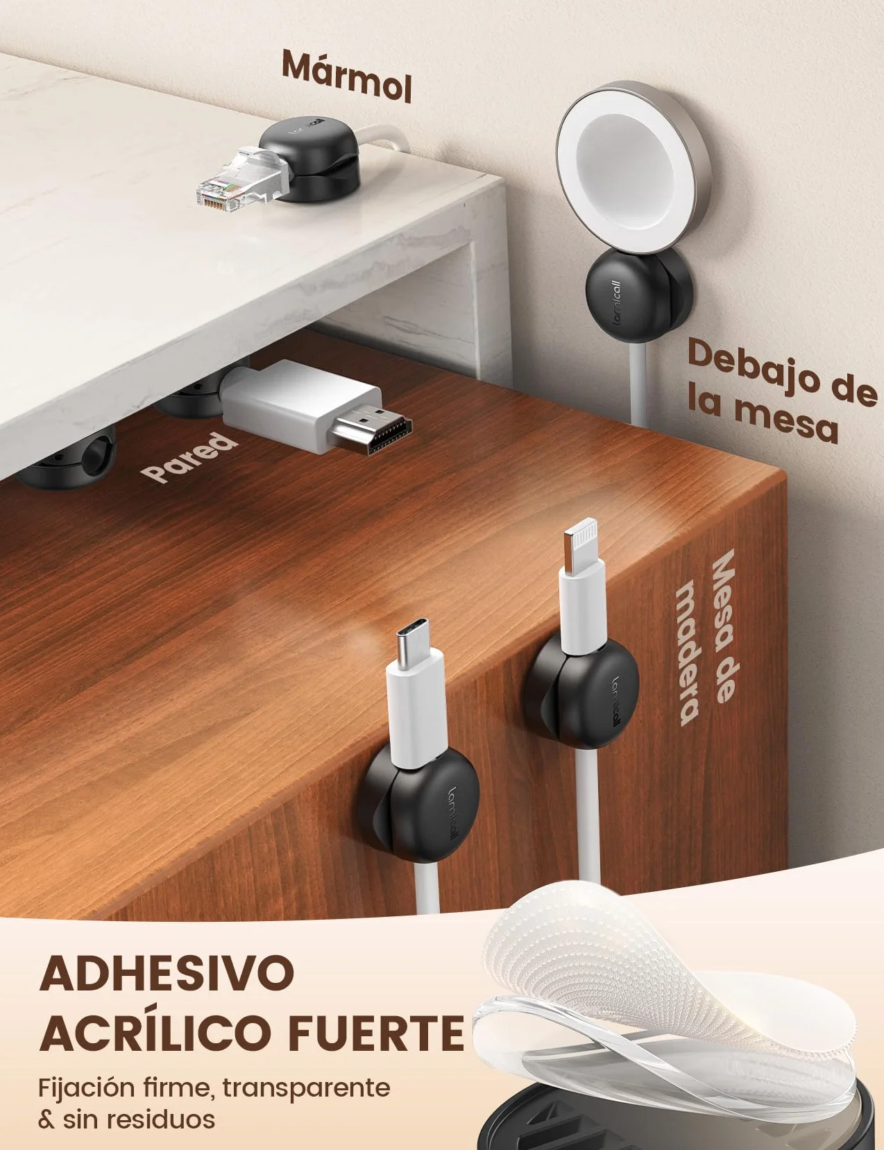 Lamicall [6 Piezas] Clip de Cable de Resorte - [Super Mini & Ahorro Espacio] Organizador Cable Autoadhesivo Sin Residuos, Clip Cable para HDMI, USB, PC, TV, Hogar, Cocinas, Oficina, (8mm) - Negro